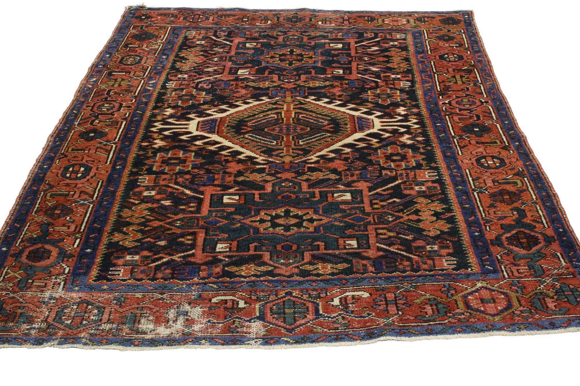 Heriz Serapi Distressed Antique Persian Karaja Heriz Rug, Study or Office Worn Rug For Sale