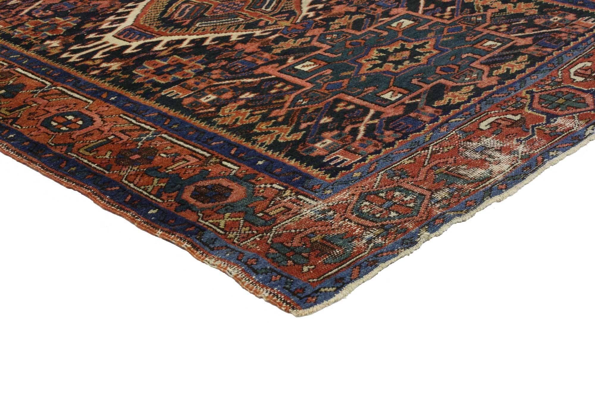 76759, distressed antique Persian Karaja Heriz rug with tribal style, study or home office worn rug. This hand knotted wool distressed antique Persian Karaja Heriz rug with Mid-Century Modern style features a latch-hook bereket amulet flanked by two