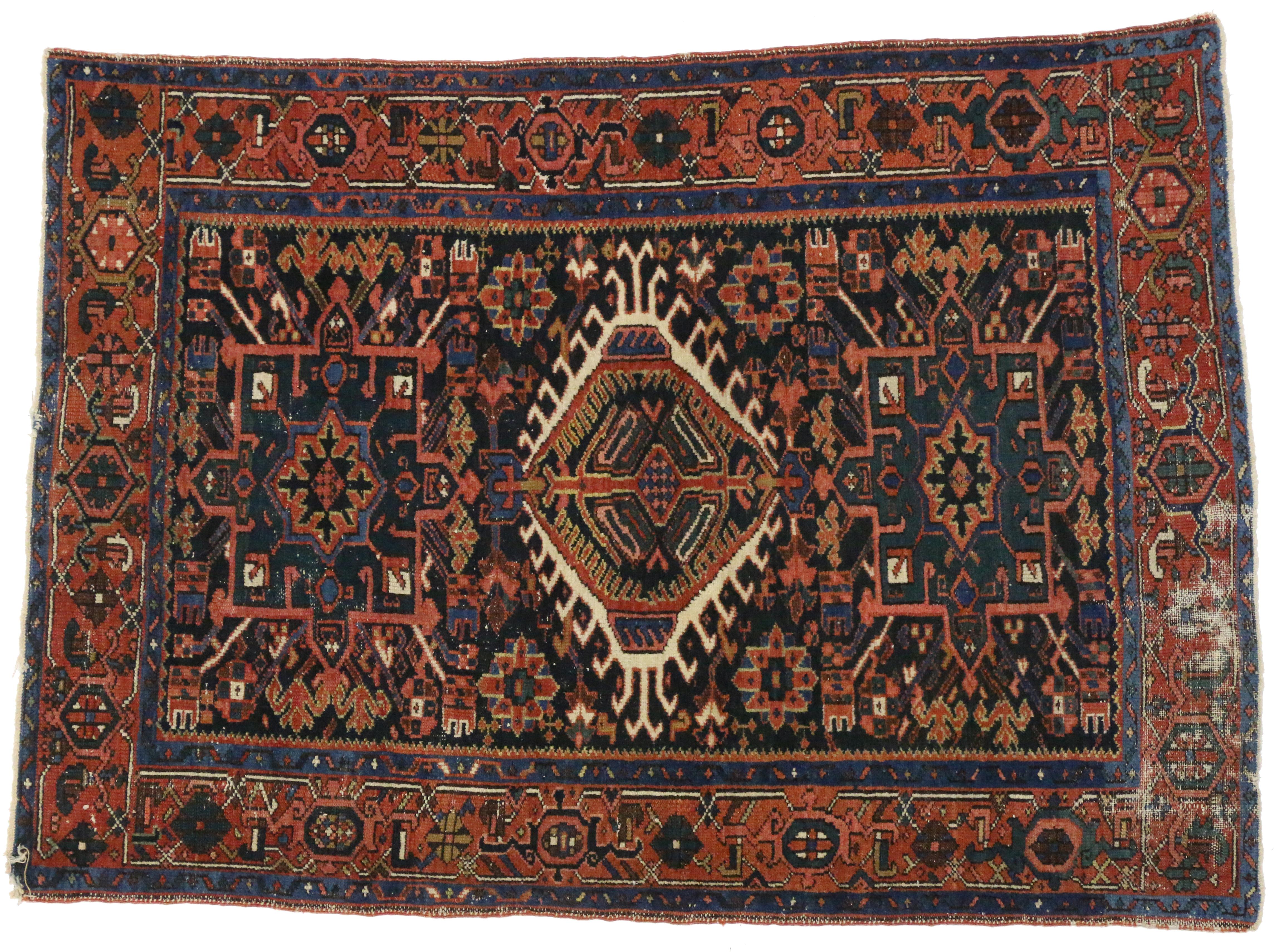Hand-Knotted Distressed Antique Persian Karaja Heriz Rug, Study or Office Worn Rug For Sale