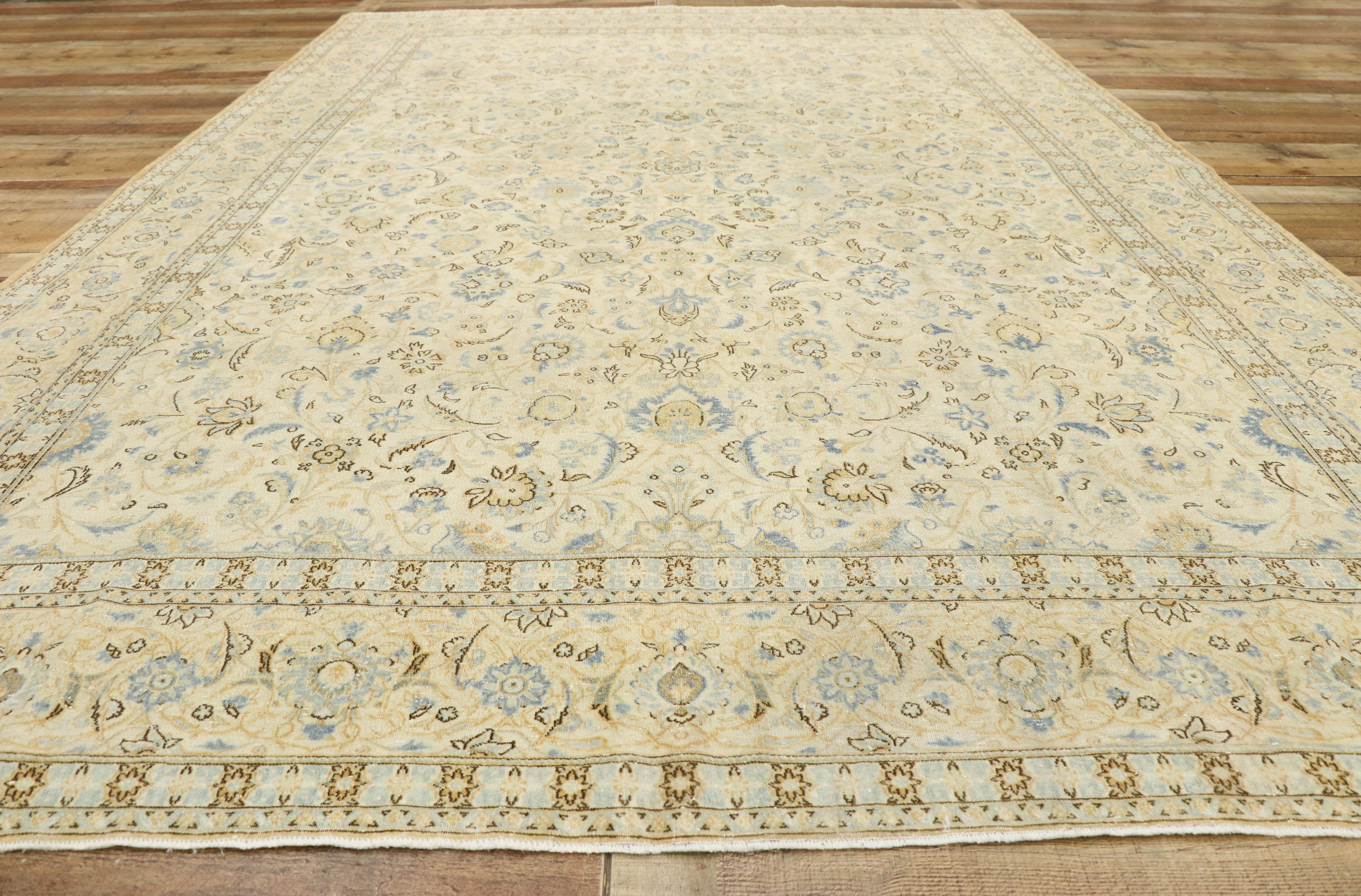 20th Century Distressed Antique Persian Kashan Rug with Cotswold English Manor Style For Sale