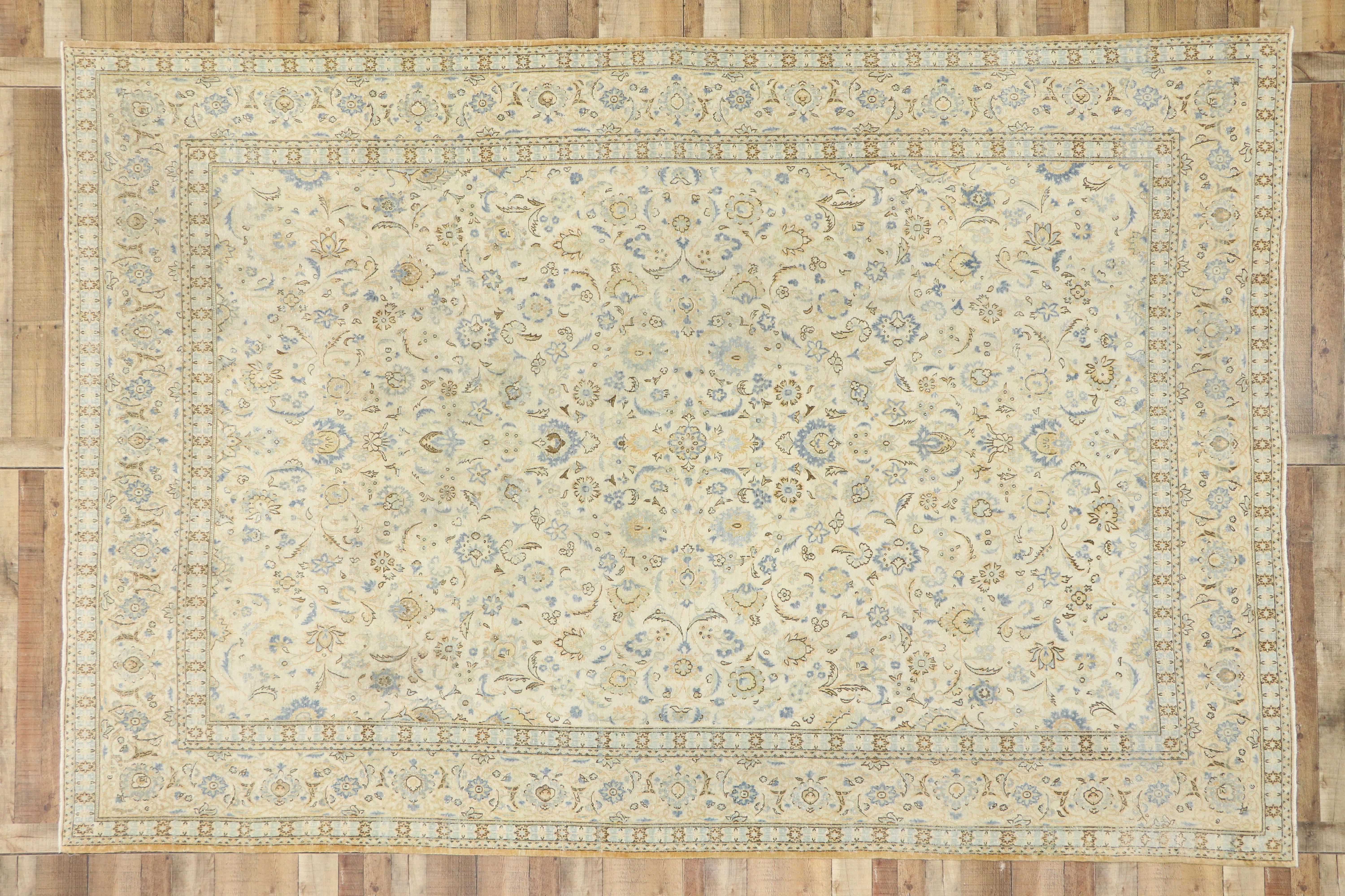 Wool Distressed Antique Persian Kashan Rug with Cotswold English Manor Style For Sale