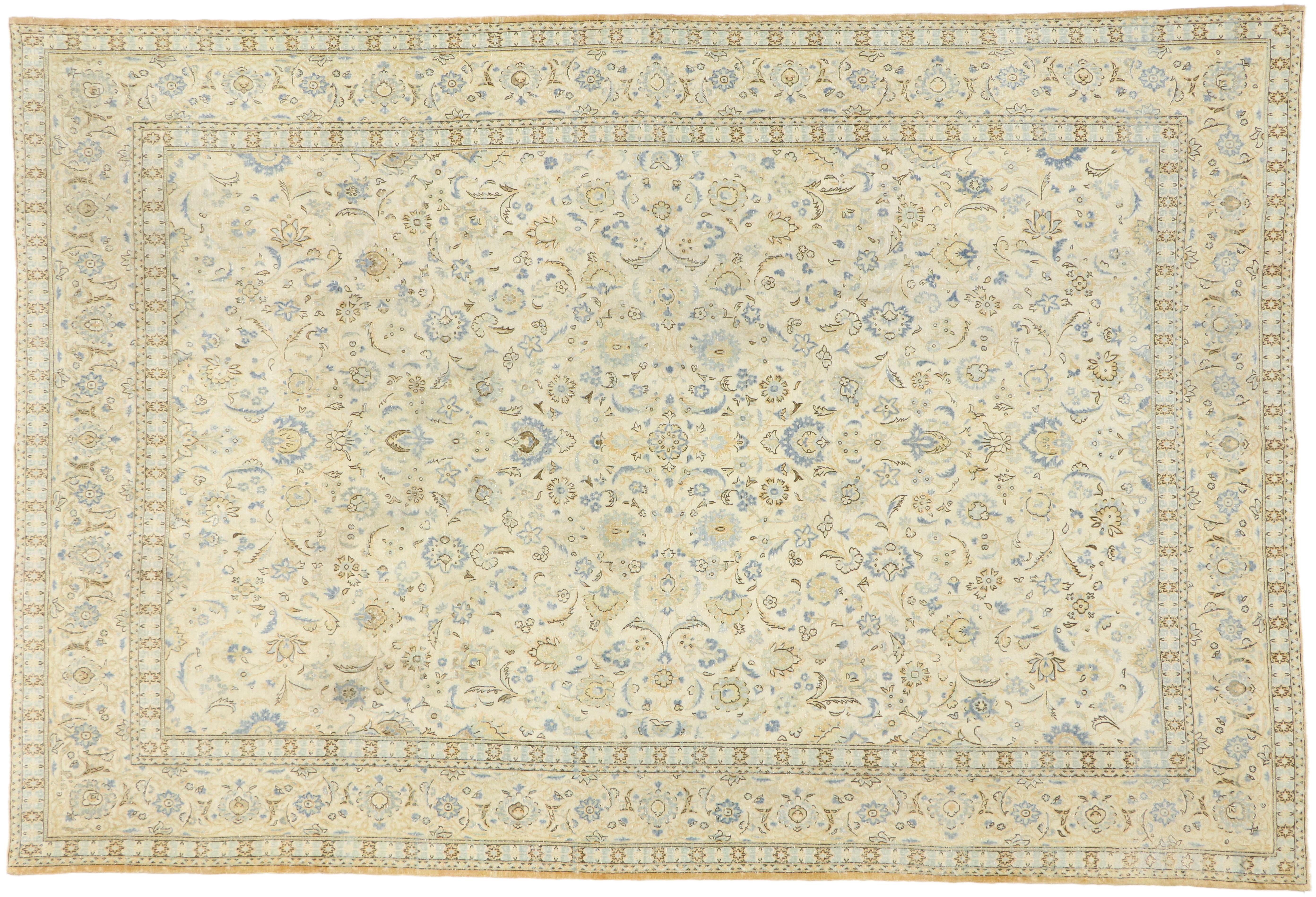 Distressed Antique Persian Kashan Rug with Cotswold English Manor Style For Sale 1