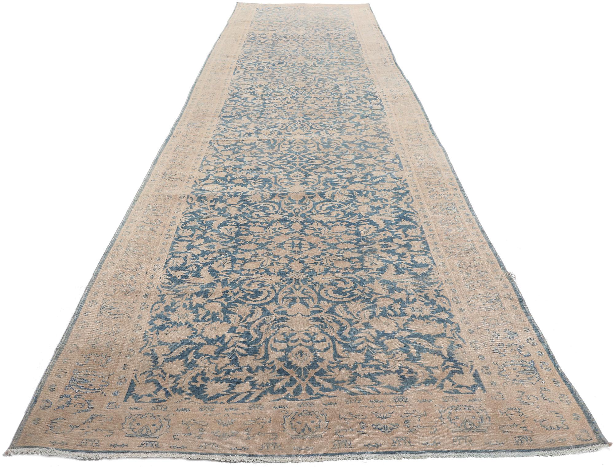 Hand-Knotted Distressed Antique Persian Kashan Runner, 03'00 x 15'10 For Sale