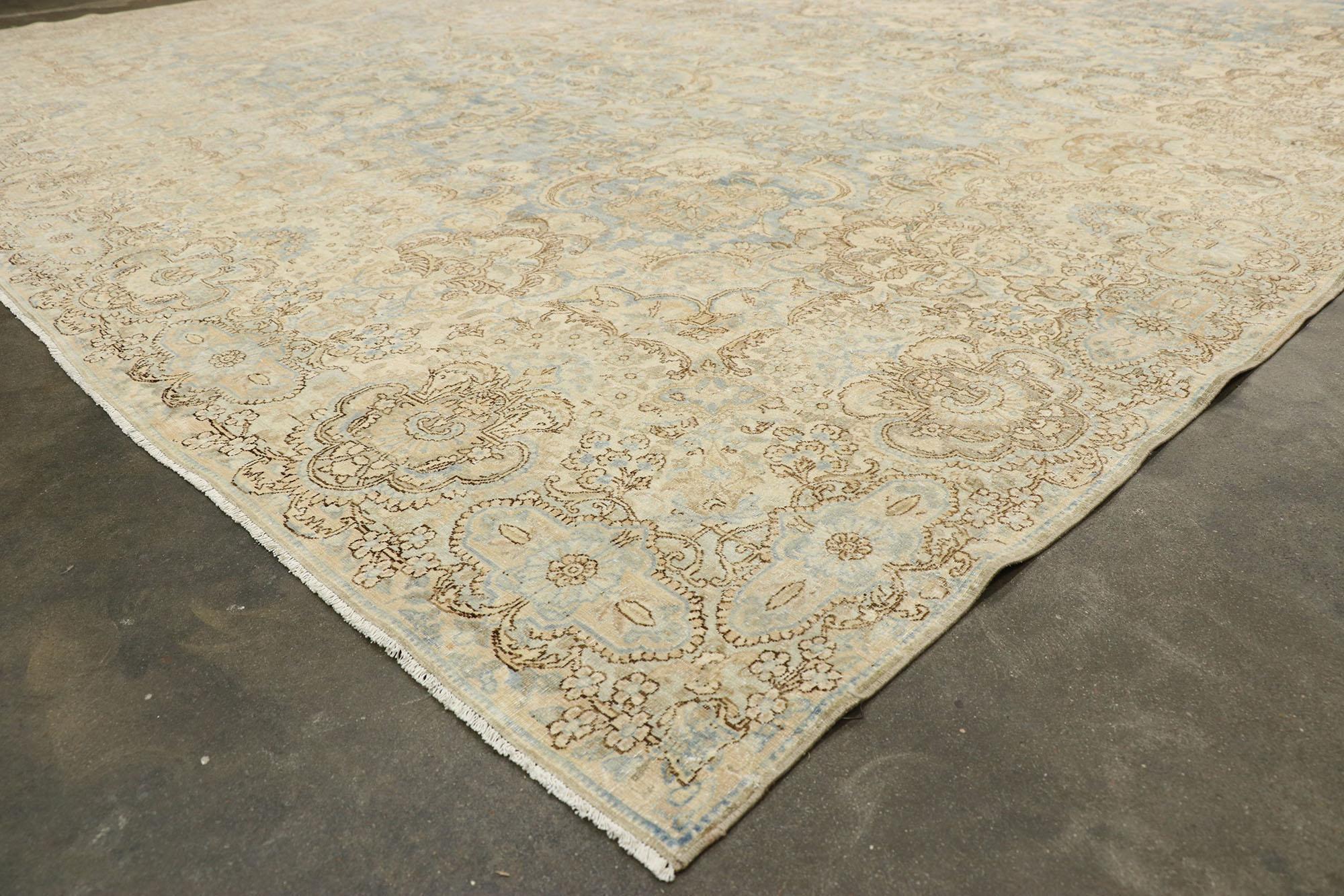 Distressed Antique Persian Kerman Palace Rug with Cotswold Country Cottage Style In Distressed Condition For Sale In Dallas, TX