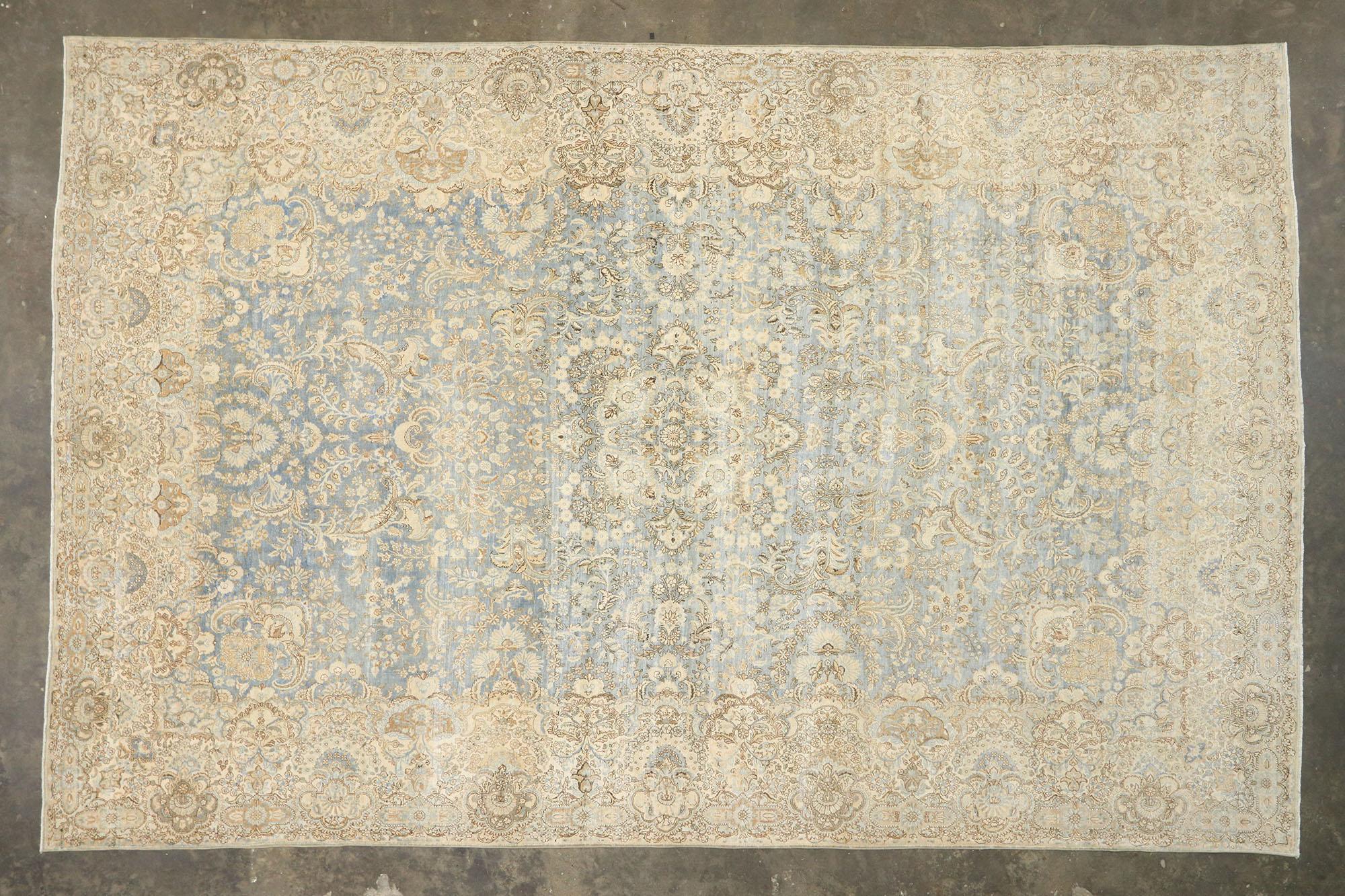 Wool Distressed Antique Persian Kerman Palace Rug with Cotswold Country Cottage Style For Sale