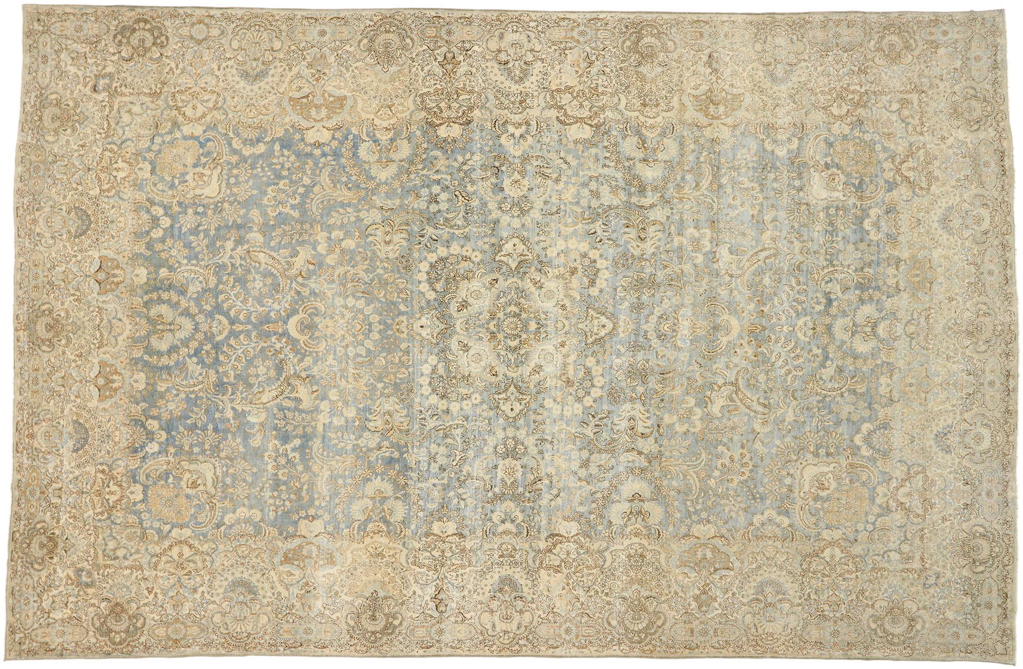 Distressed Antique Persian Kerman Palace Rug with Cotswold Country Cottage Style For Sale 1