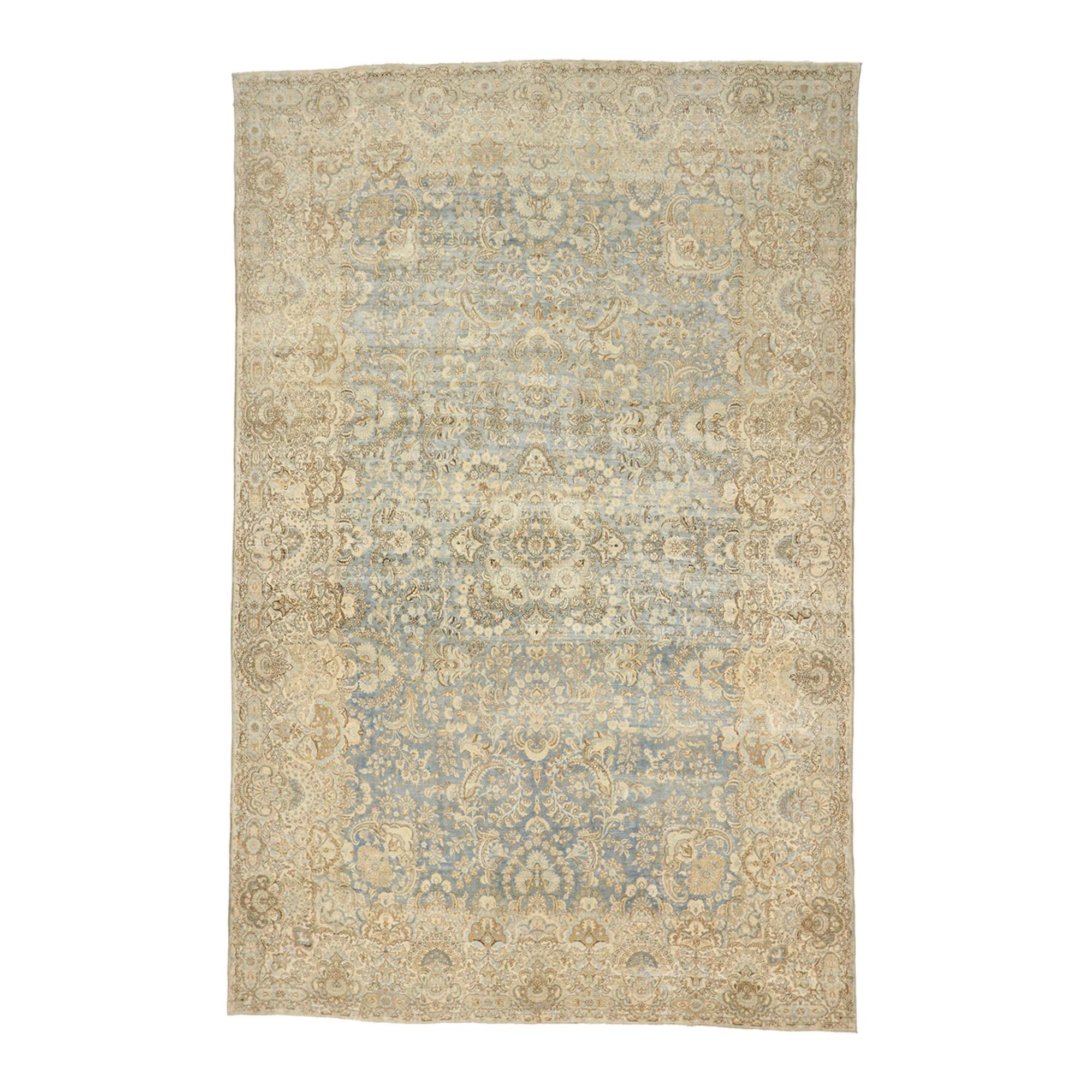 Distressed Antique Persian Kerman Palace Rug with Cotswold Country Cottage Style For Sale