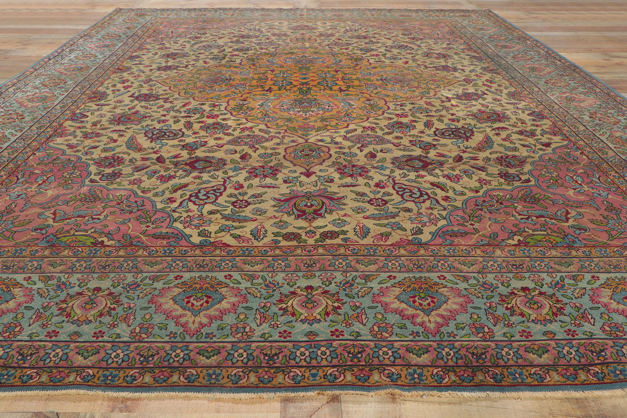 Antique-Worn Persian Kerman Rug, Bridgerton Style Meets Rococo Elegance For Sale 5