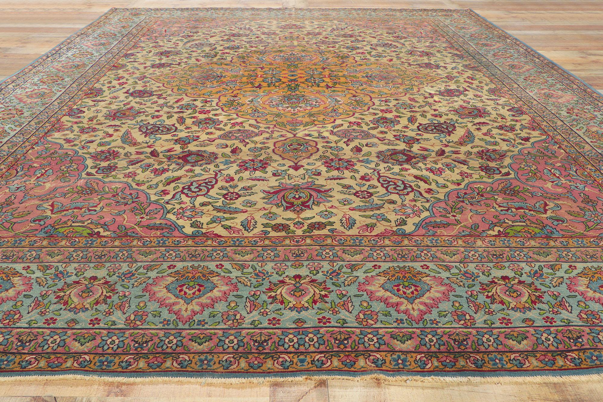 Antique-Worn Persian Kerman Rug, Bridgerton Style Meets Rococo Elegance For Sale 6