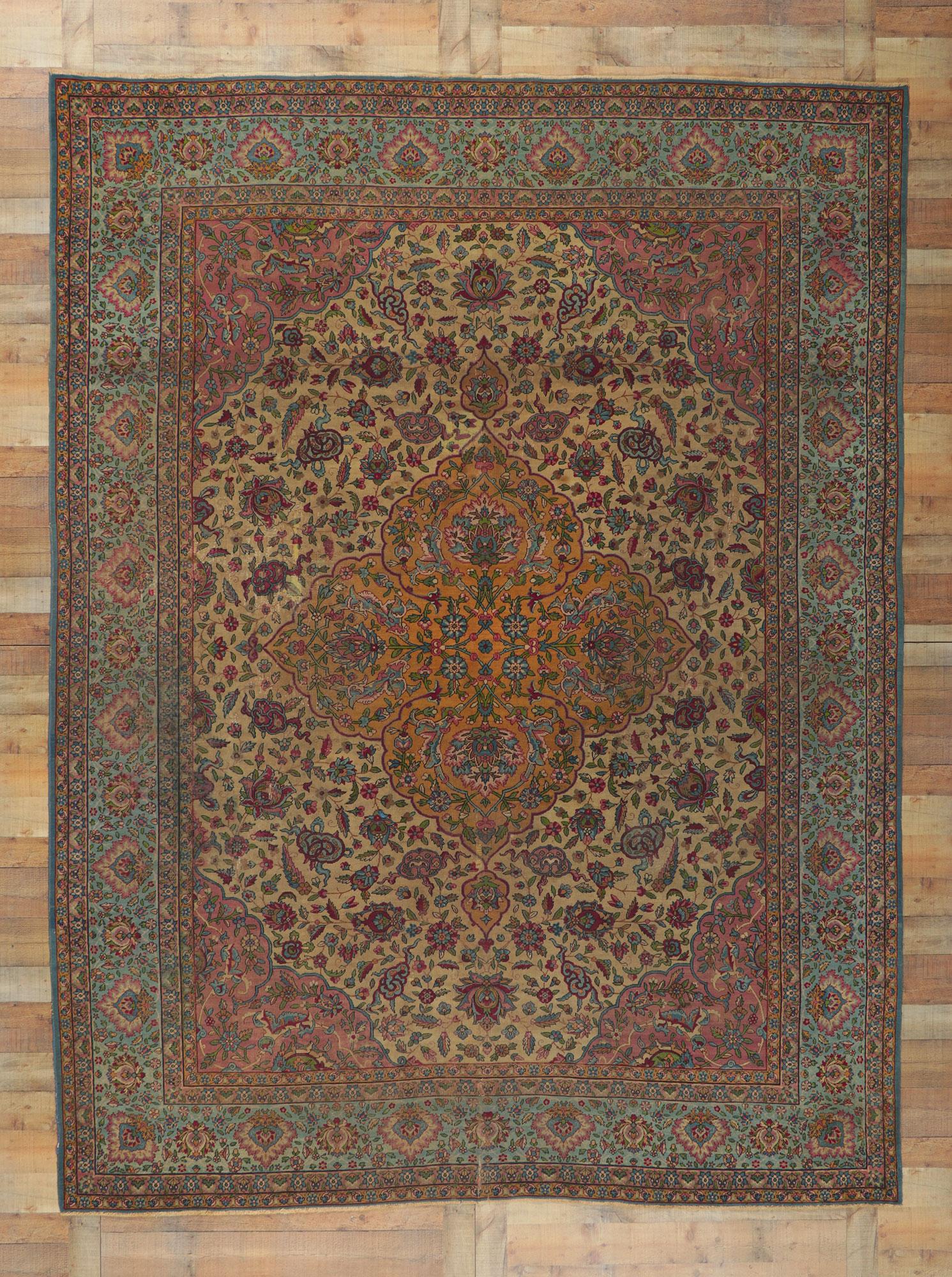 Antique-Worn Persian Kerman Rug, Bridgerton Style Meets Rococo Elegance For Sale 7