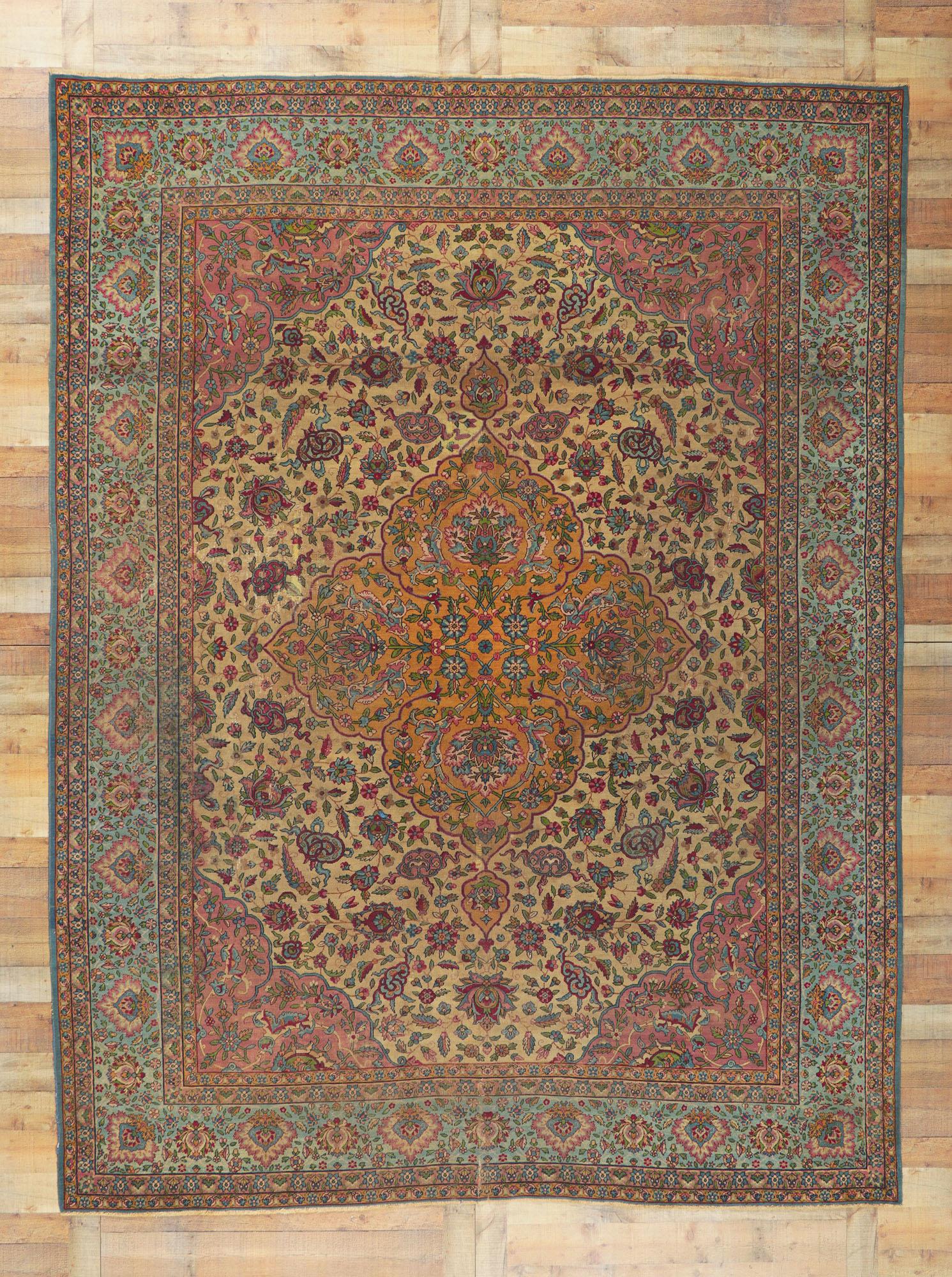 Antique-Worn Persian Kerman Rug, Bridgerton Style Meets Rococo Elegance For Sale 8