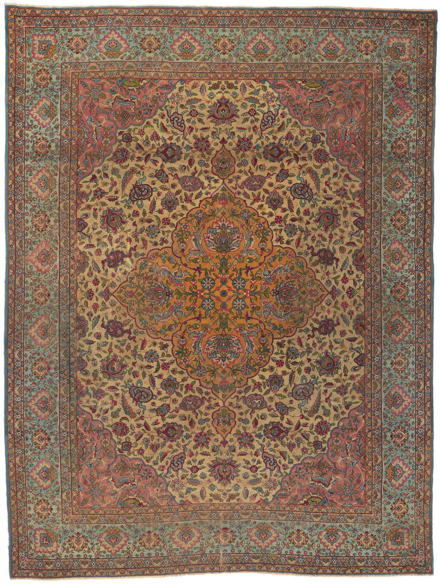 Antique-Worn Persian Kerman Rug, Bridgerton Style Meets Rococo Elegance For Sale 9
