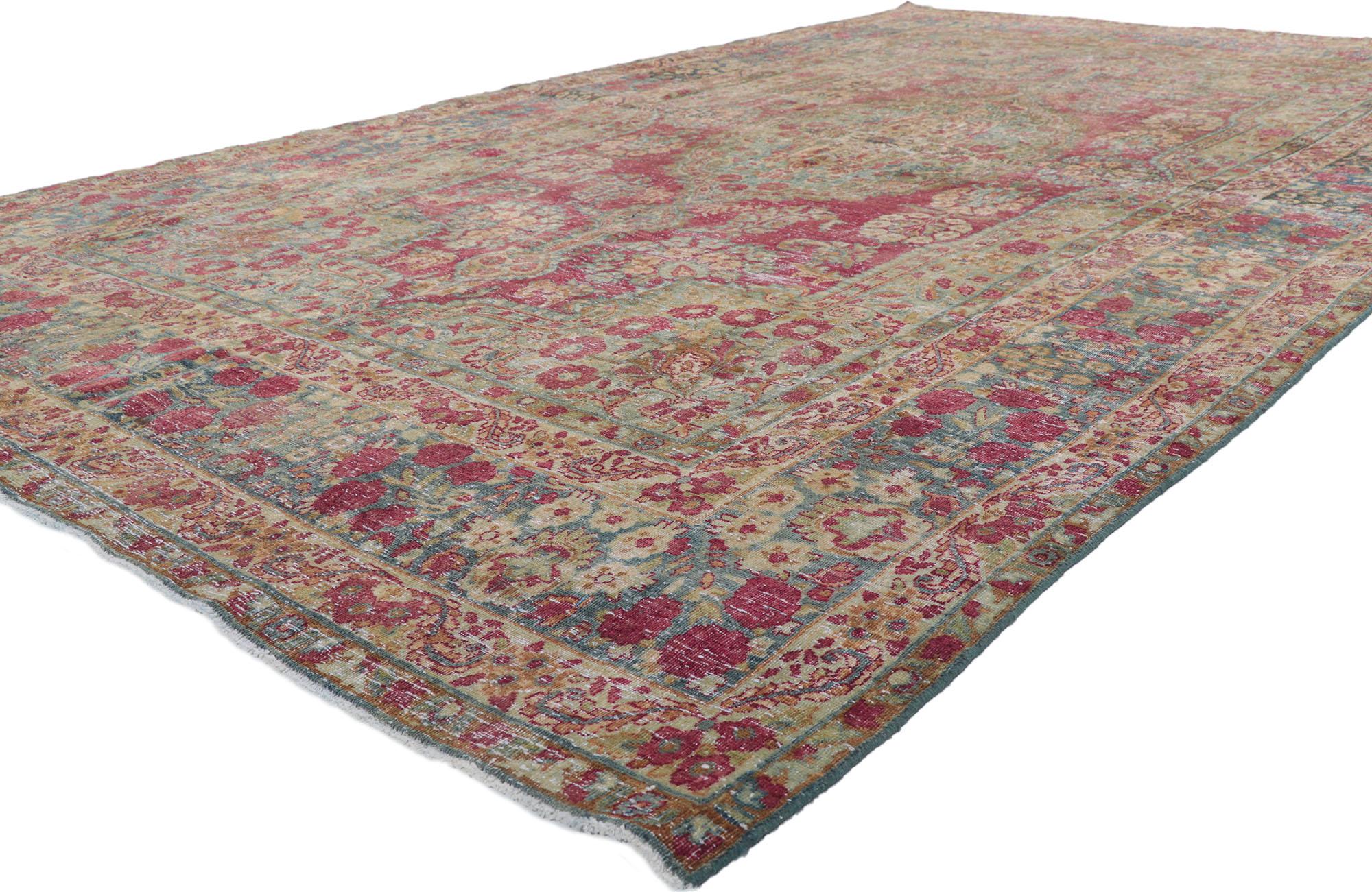 61013 Antique Persian Kerman Rug, 06'05 x 10'11. 
Distressed. Desirable Age Wear. Antique Wash. Abrash. Hand-knotted wool. Made in Iran. 