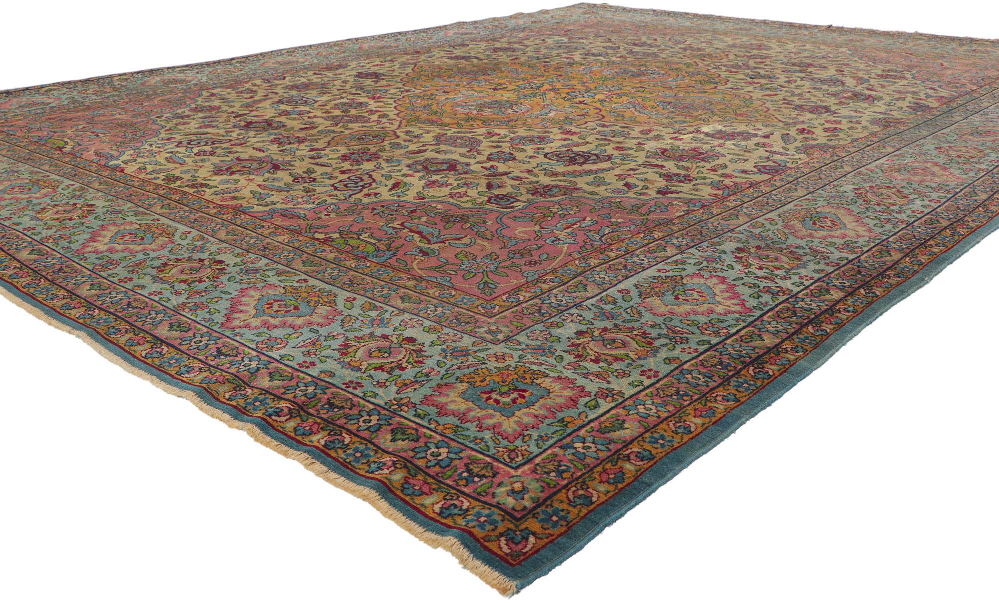 78297 Antique-Worn Persian Kerman Rug, 09'01 x 12'01.
The hand knotted wool antique Persian Kerman rug effortlessly combines the opulence of Bridgerton style with the elegance of Rococo. Its intricate design and enchanting color palette work