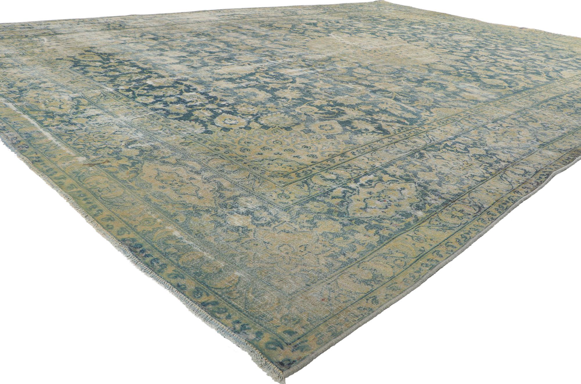 76820 Antique Persian Kerman Rug, 9'03 x 13'03. Brimming with casual elegance, incredible detail and texture, this hand knotted wool antique Persian Kerman rug is a captivating vision of woven beauty. The intricate botanical design and sophisticated