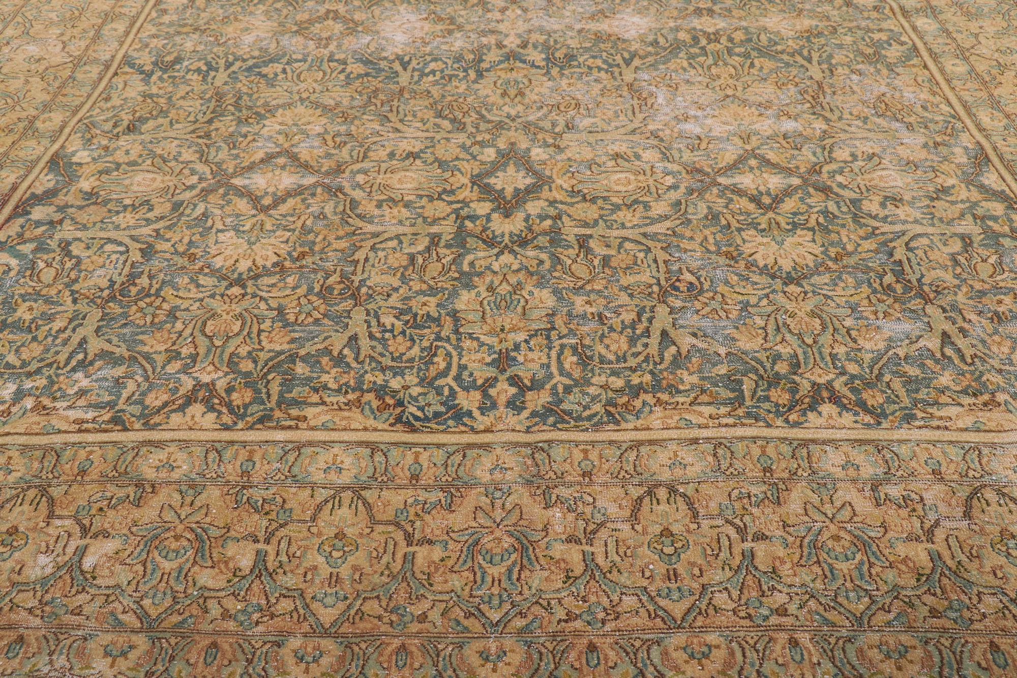Hand-Knotted Antique-Worn Persian Kerman Rug, Rugged Beauty Meets Laid-Back Luxury For Sale