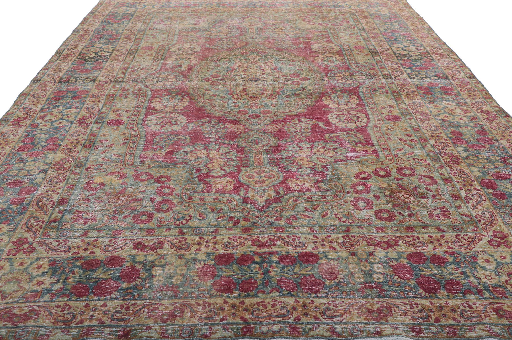 Hand-Knotted Distressed Antique Persian Kerman Rug For Sale