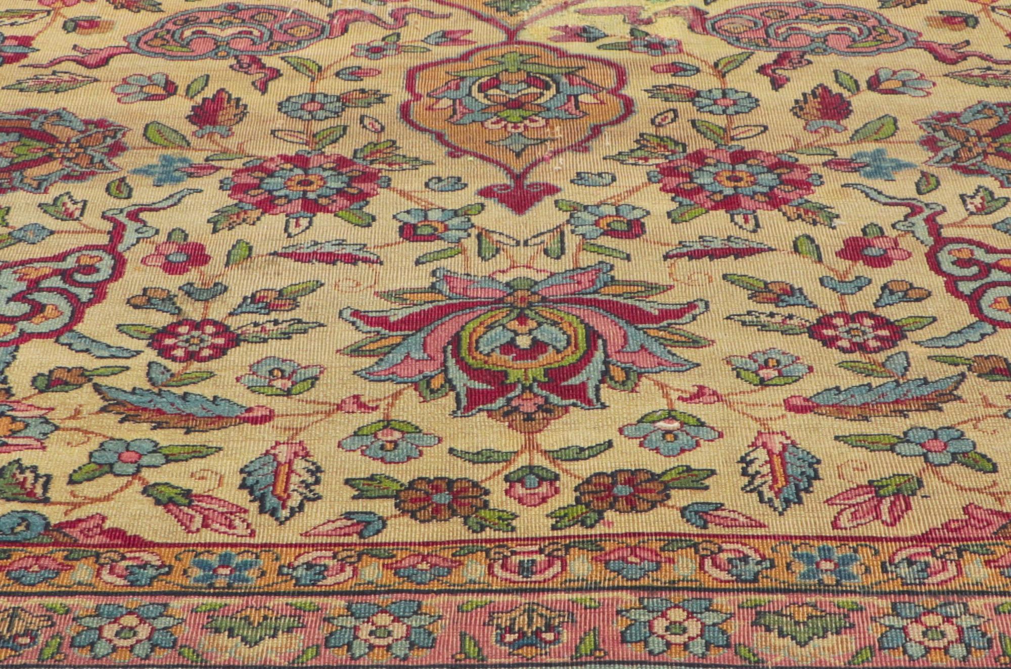Hand-Knotted Antique-Worn Persian Kerman Rug, Bridgerton Style Meets Rococo Elegance For Sale