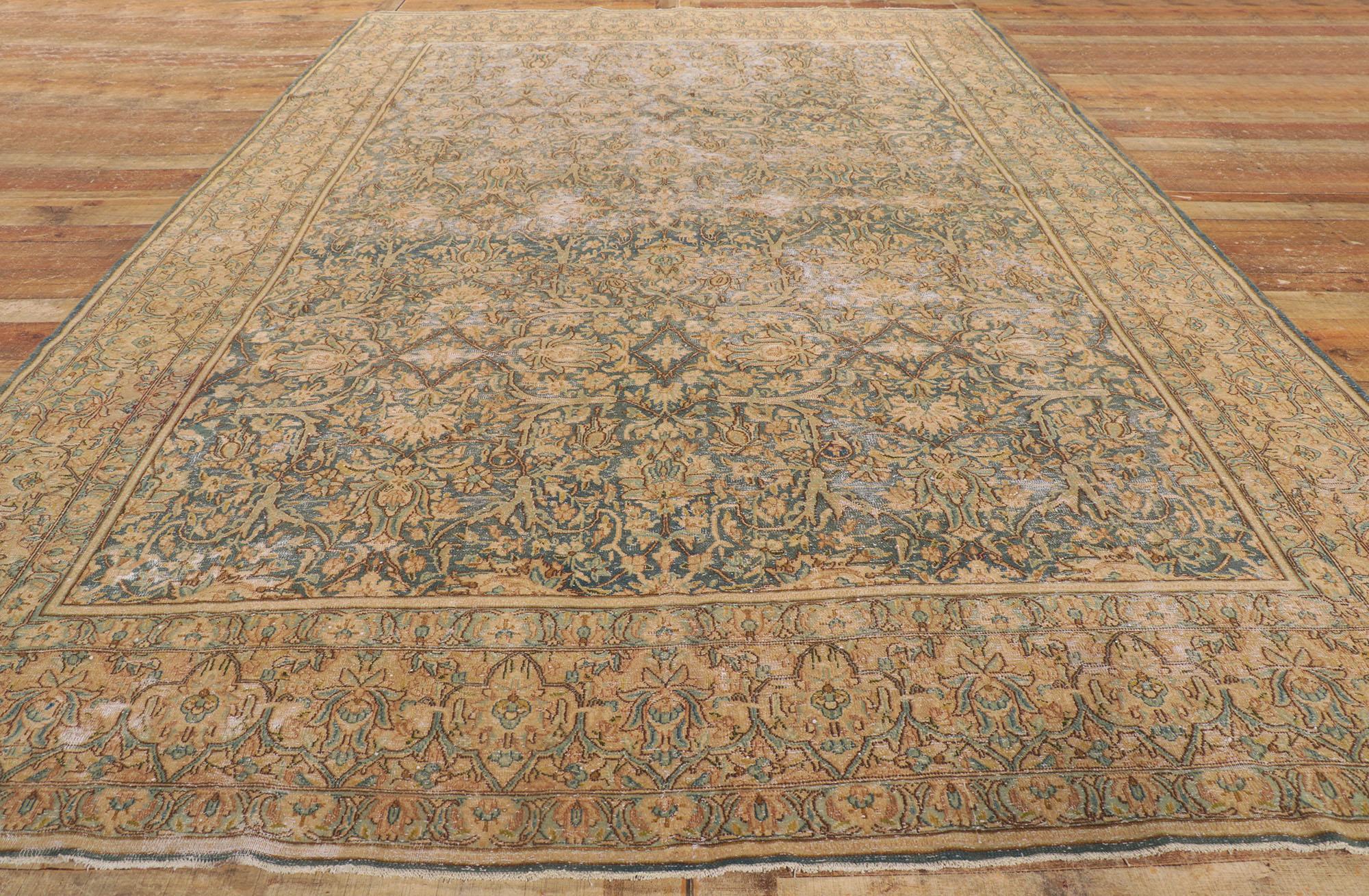 Wool Antique-Worn Persian Kerman Rug, Rugged Beauty Meets Laid-Back Luxury For Sale