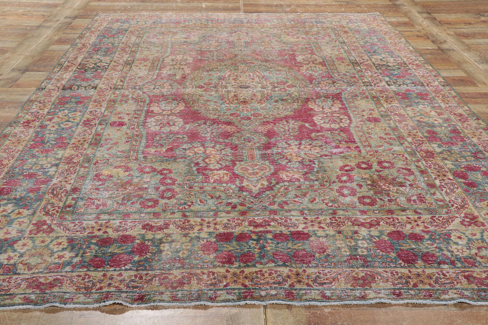 Wool Distressed Antique Persian Kerman Rug For Sale