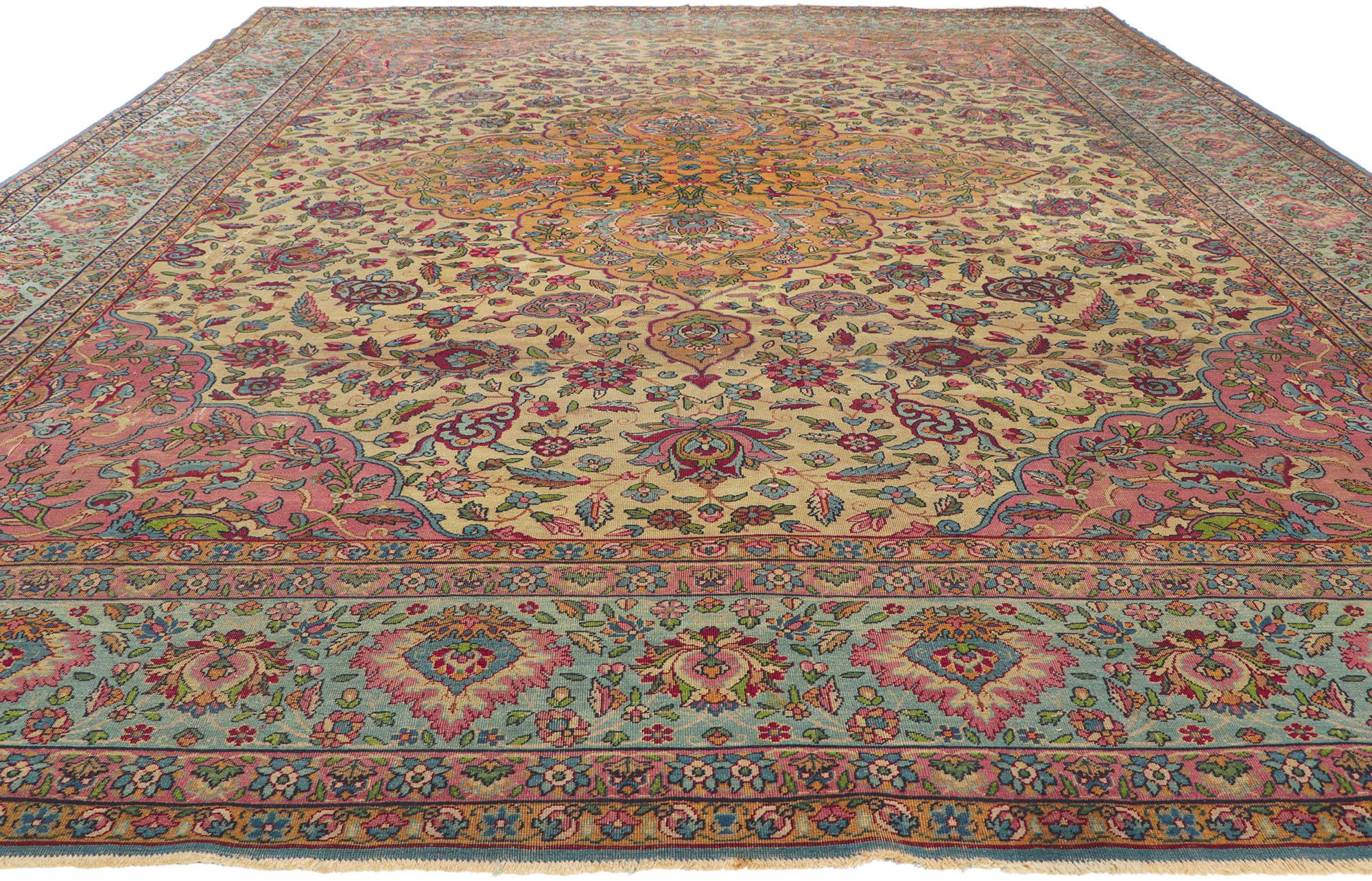 Wool Antique-Worn Persian Kerman Rug, Bridgerton Style Meets Rococo Elegance For Sale