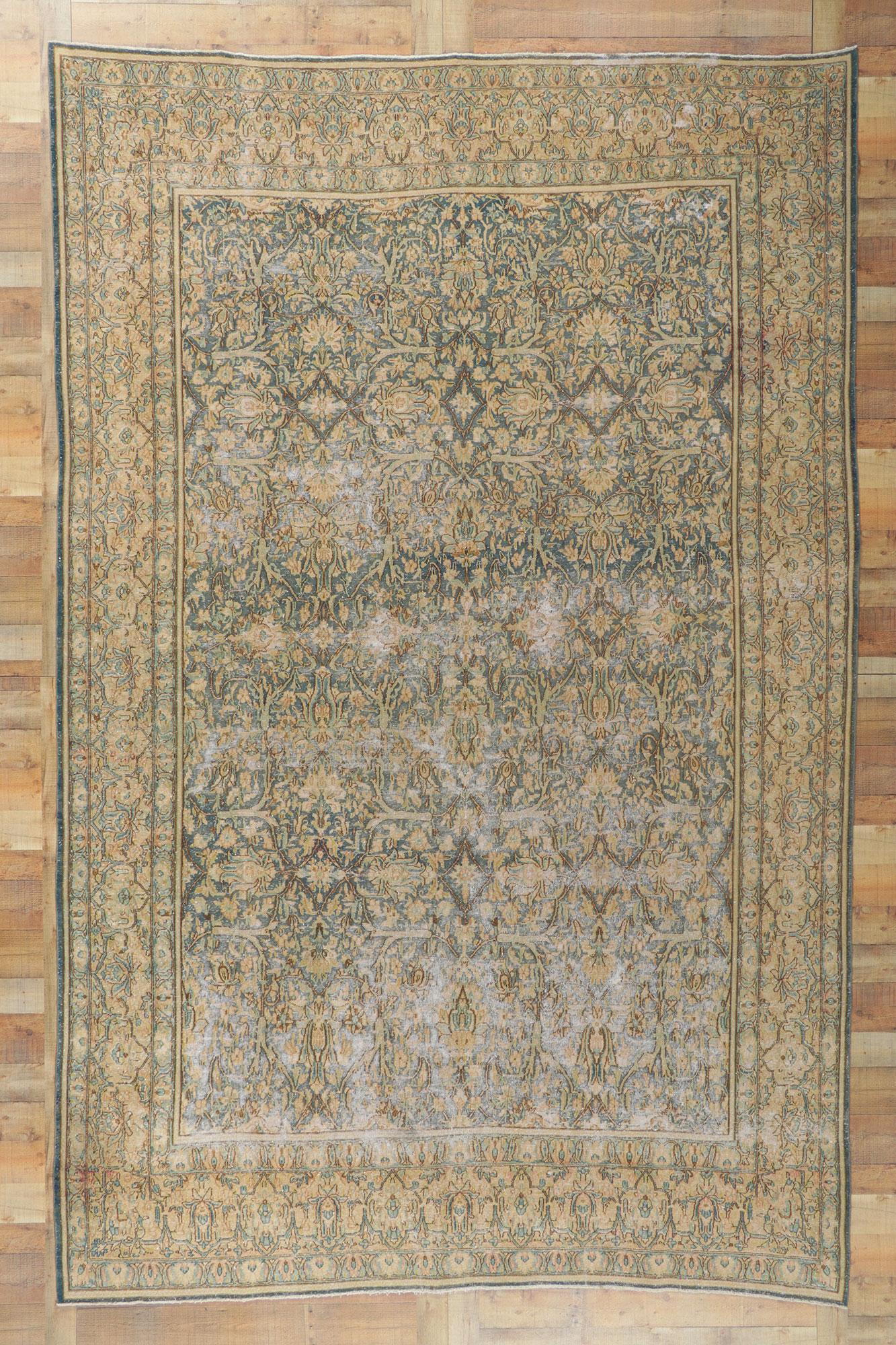 Antique-Worn Persian Kerman Rug, Rugged Beauty Meets Laid-Back Luxury For Sale 1