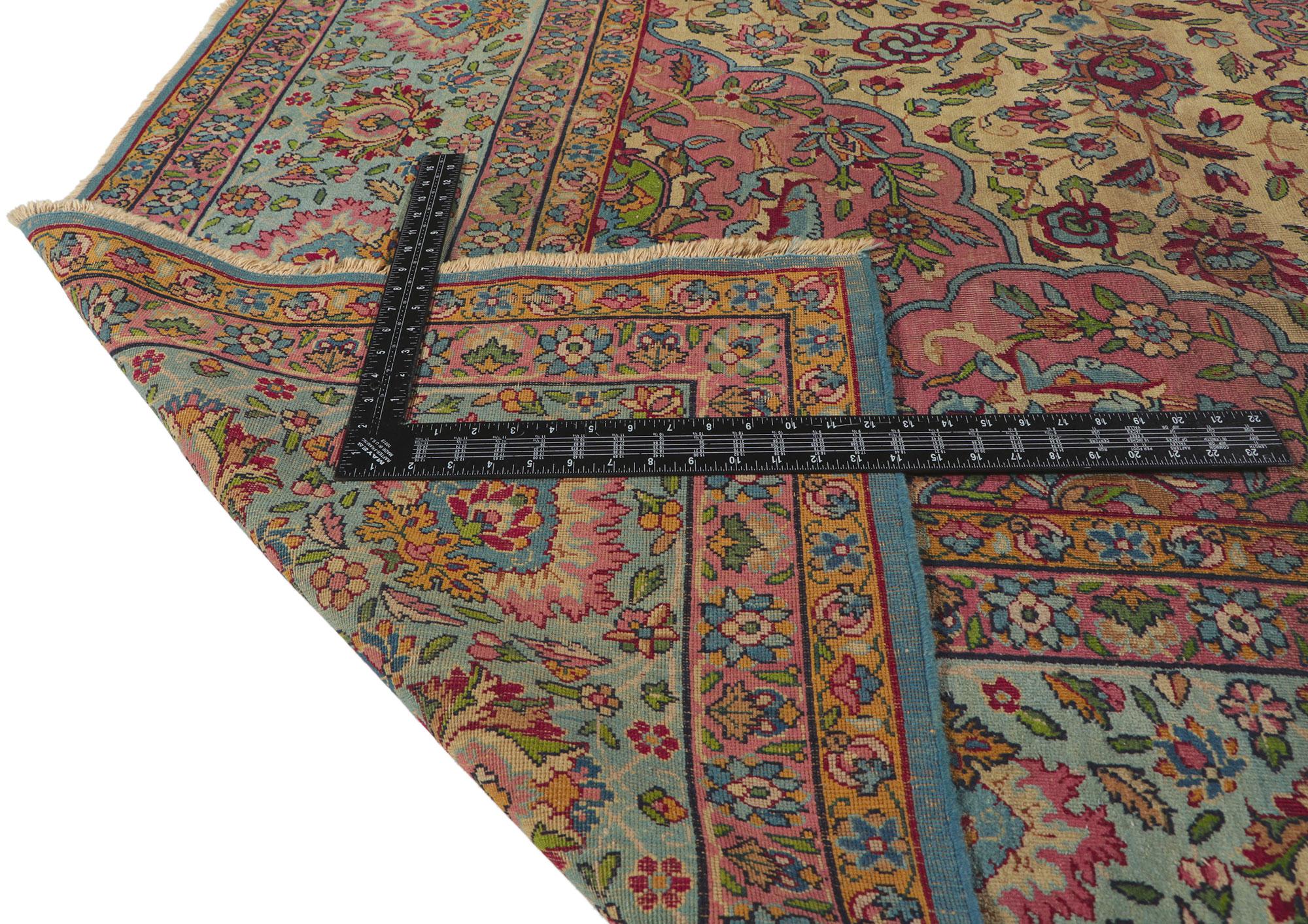 Antique-Worn Persian Kerman Rug, Bridgerton Style Meets Rococo Elegance For Sale 1