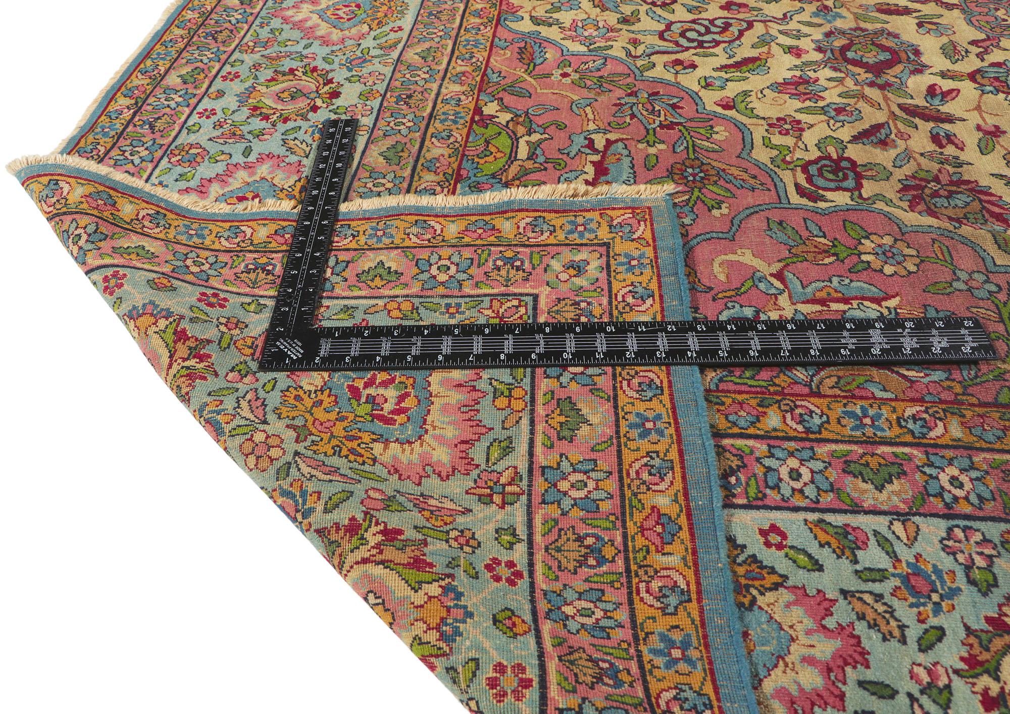 Antique-Worn Persian Kerman Rug, Bridgerton Style Meets Rococo Elegance For Sale 2