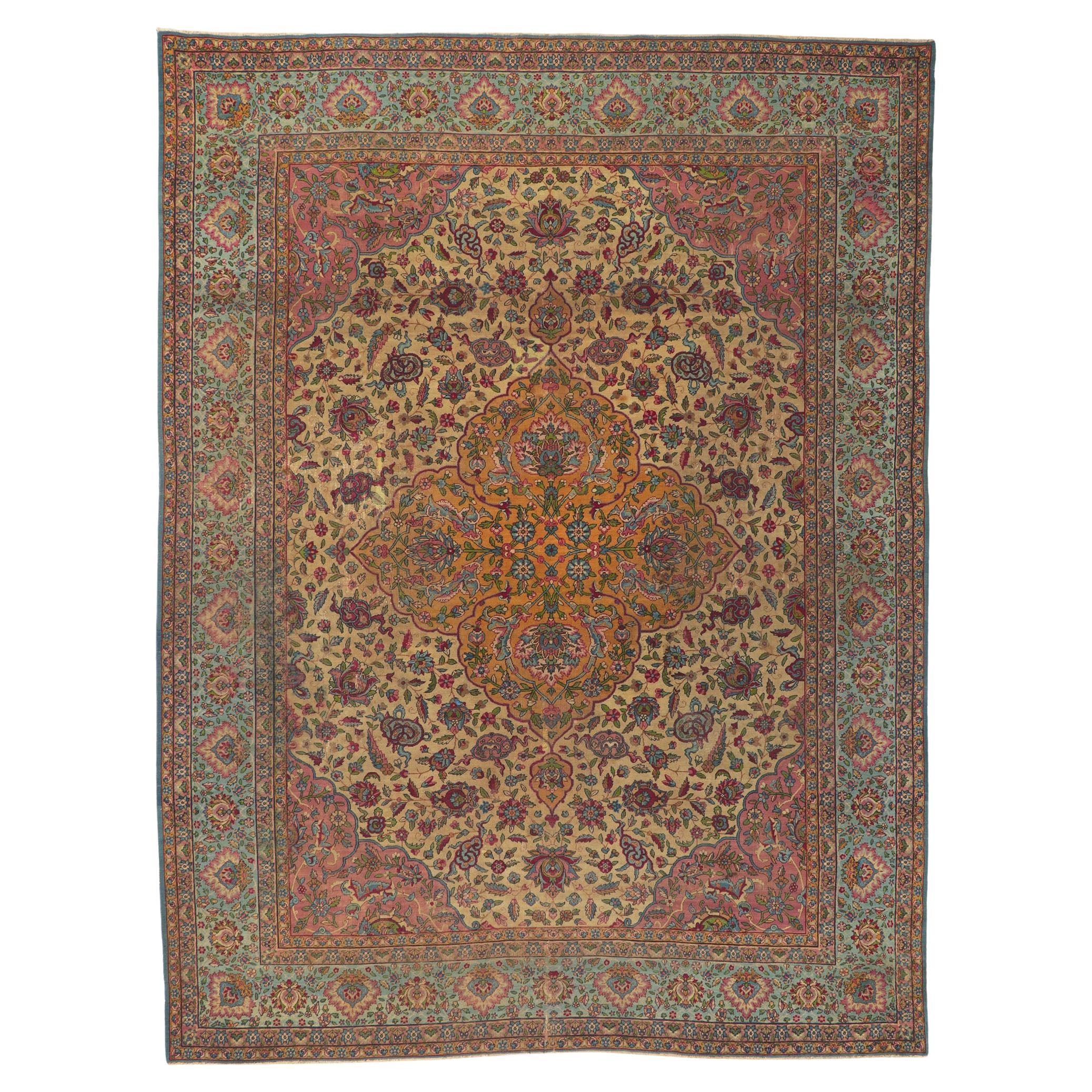 Antique-Worn Persian Kerman Rug, Bridgerton Style Meets Rococo Elegance For Sale