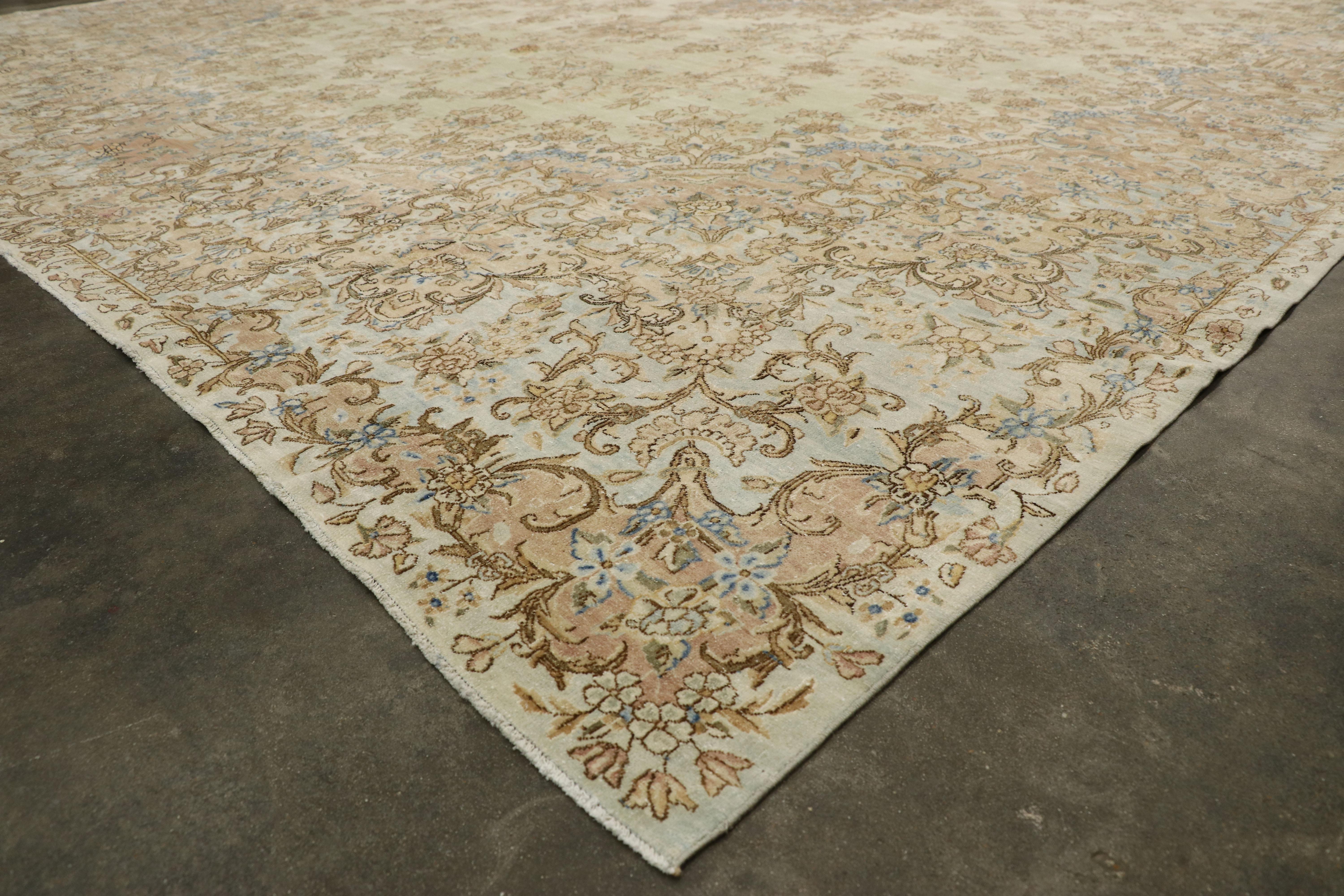 Kirman Distressed Antique Persian Kerman Rug with French Provincial and Georgian Style For Sale