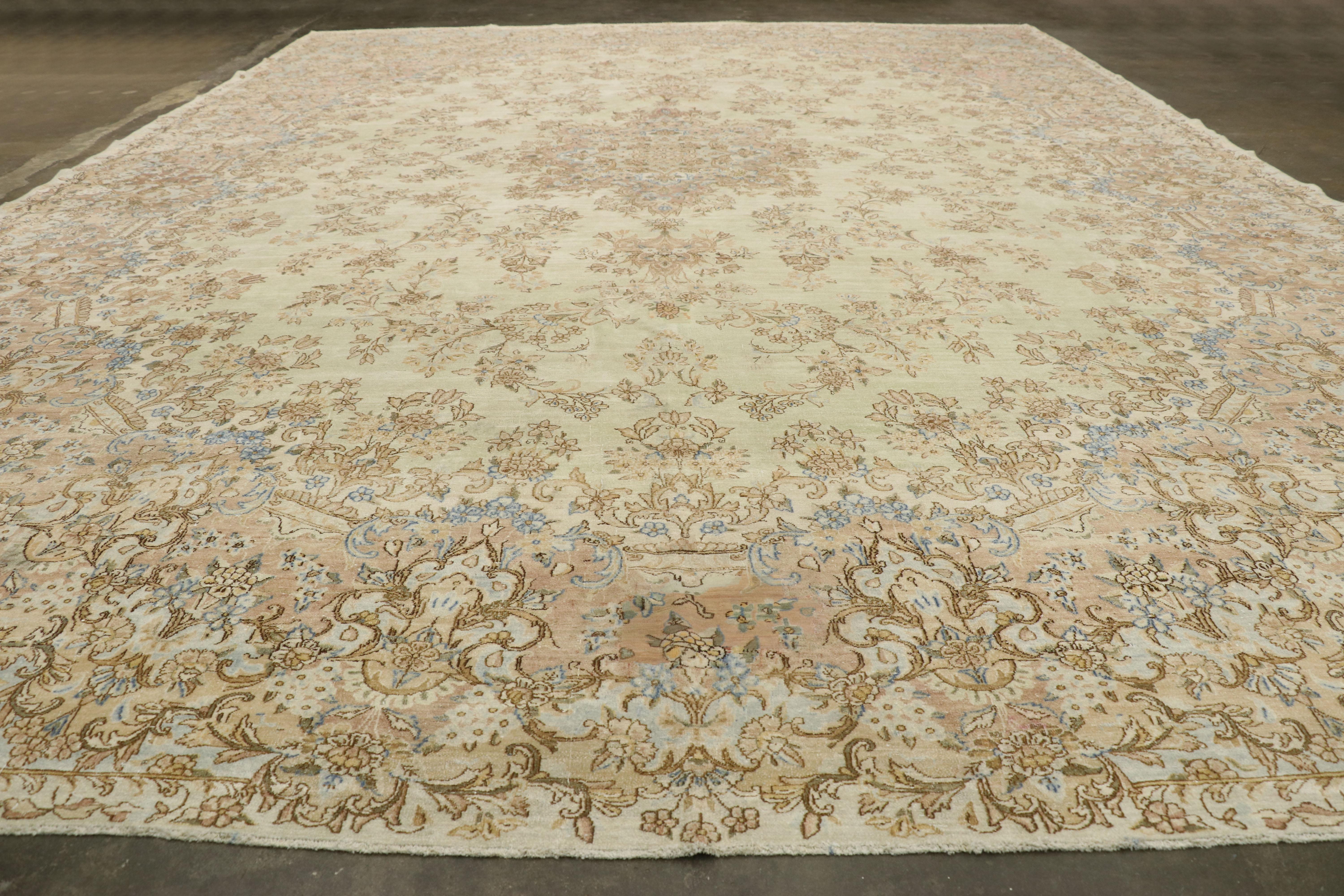 Hand-Knotted Distressed Antique Persian Kerman Rug with French Provincial and Georgian Style For Sale