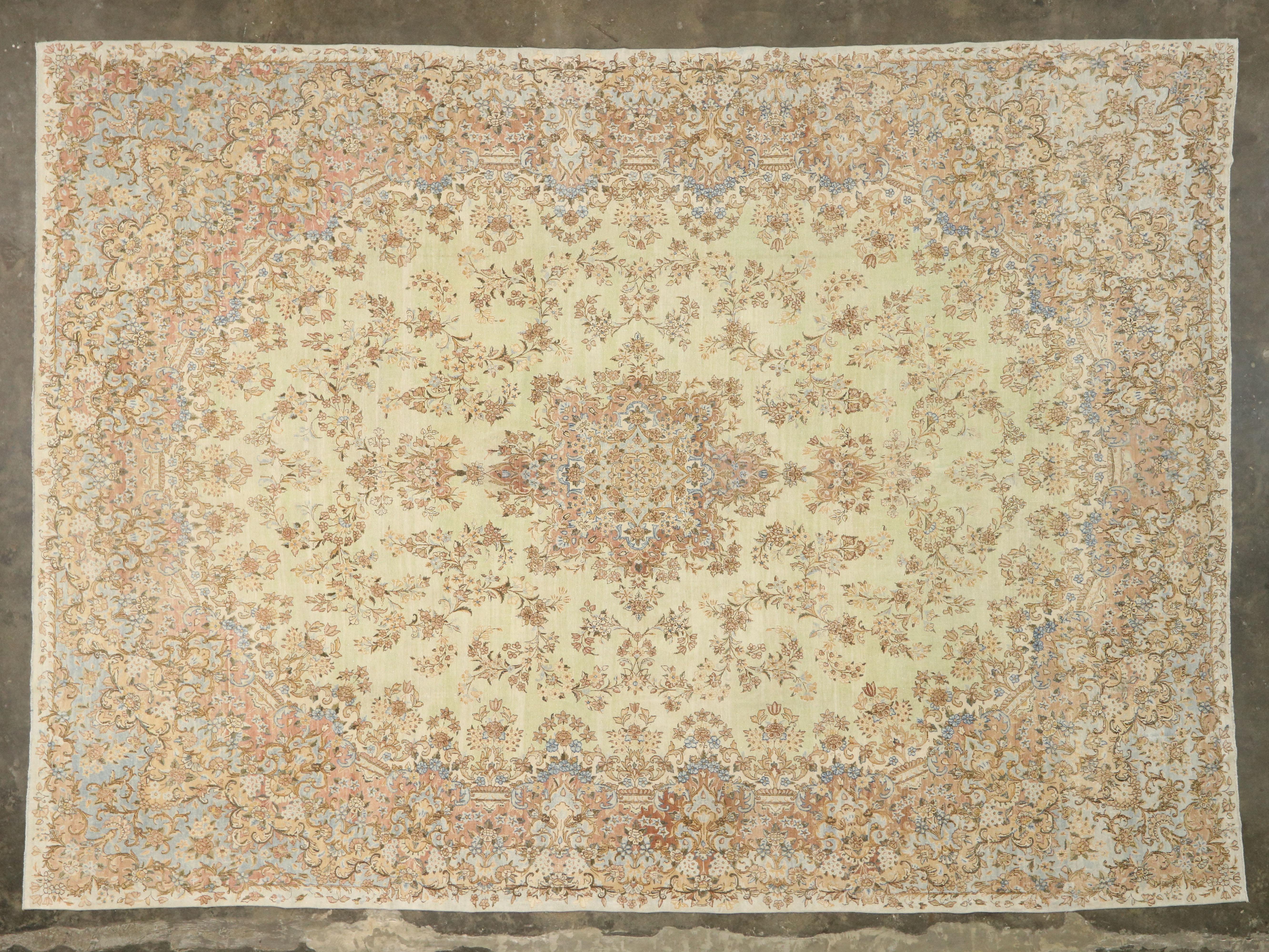 Wool Distressed Antique Persian Kerman Rug with French Provincial and Georgian Style For Sale