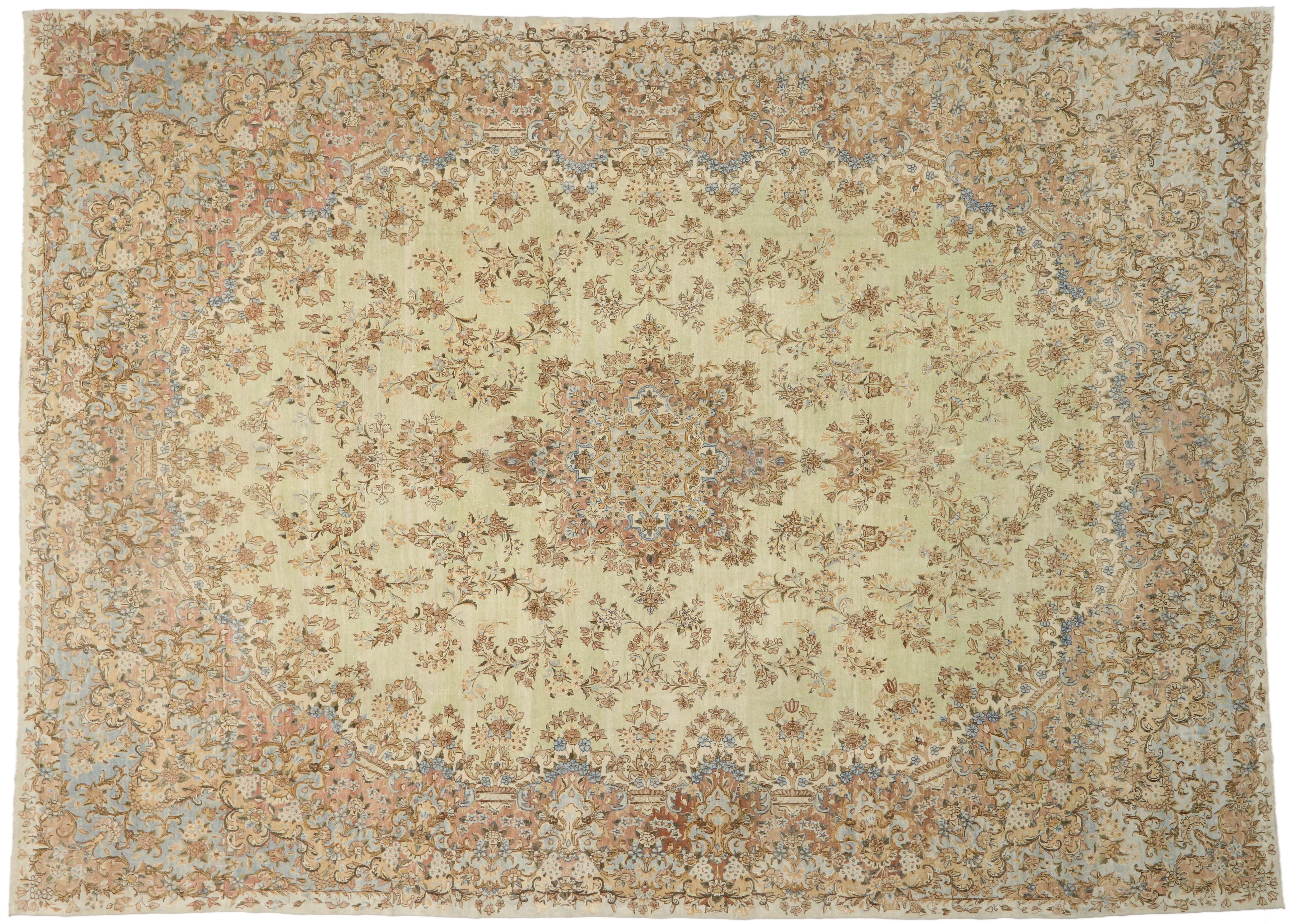 Distressed Antique Persian Kerman Rug with French Provincial and Georgian Style For Sale 1