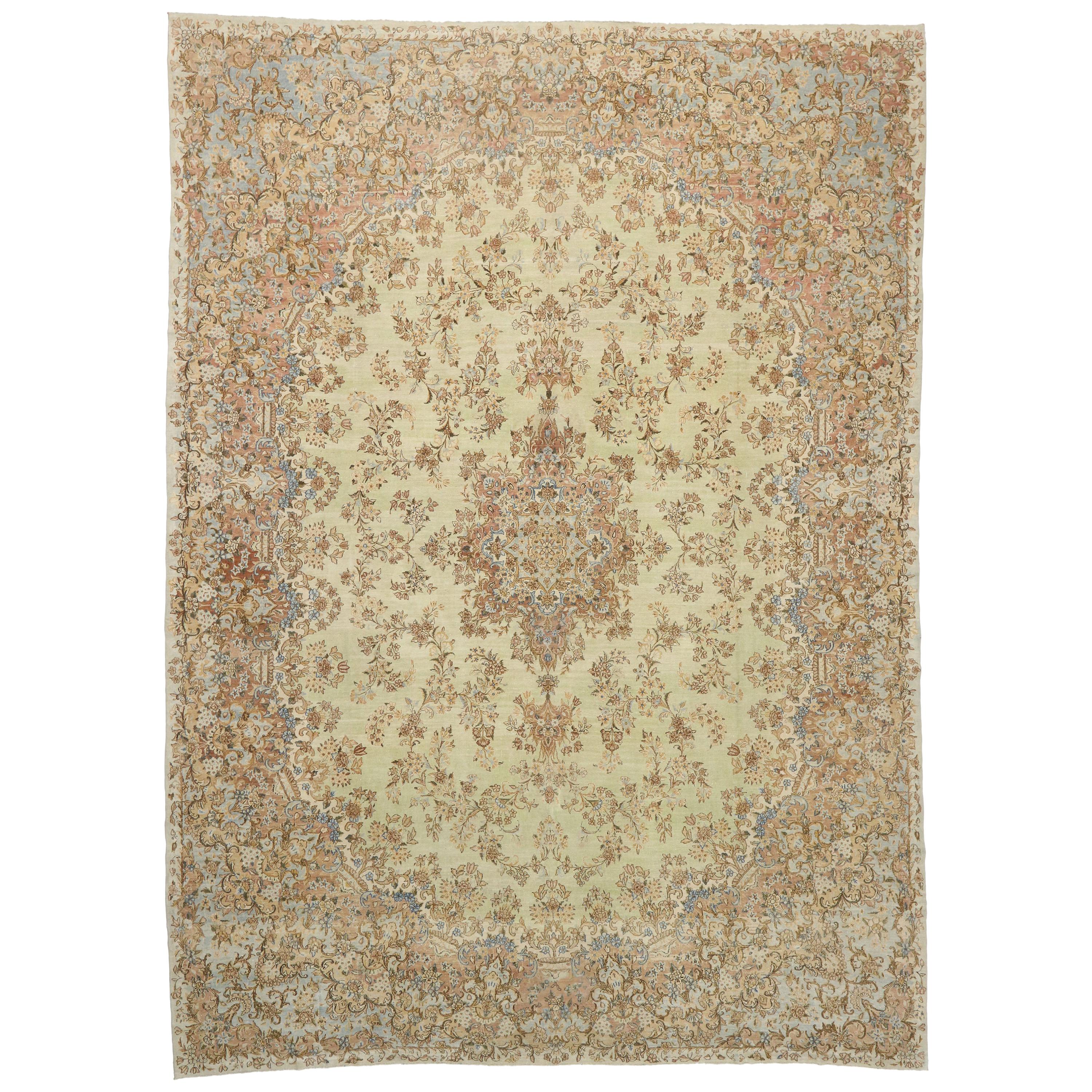 Distressed Antique Persian Kerman Rug with French Provincial and Georgian Style For Sale