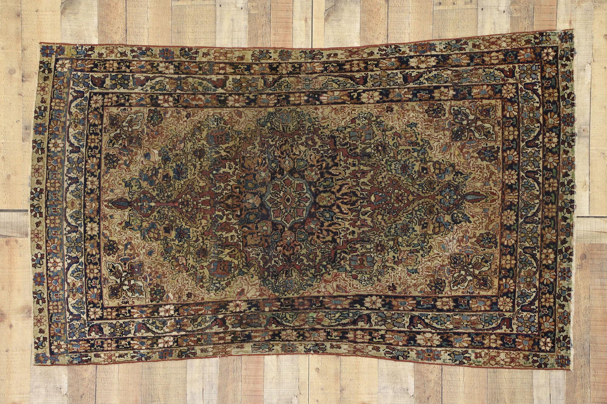 Wool Distressed Antique Persian Kerman Rug with Industrial Speakeasy Style For Sale