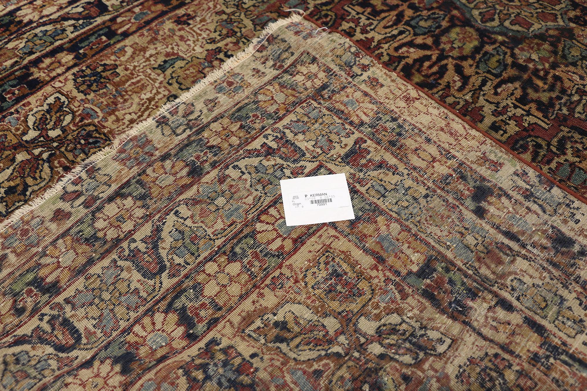 Hand-Knotted Distressed Antique Persian Kerman Rug with Industrial Speakeasy Style For Sale