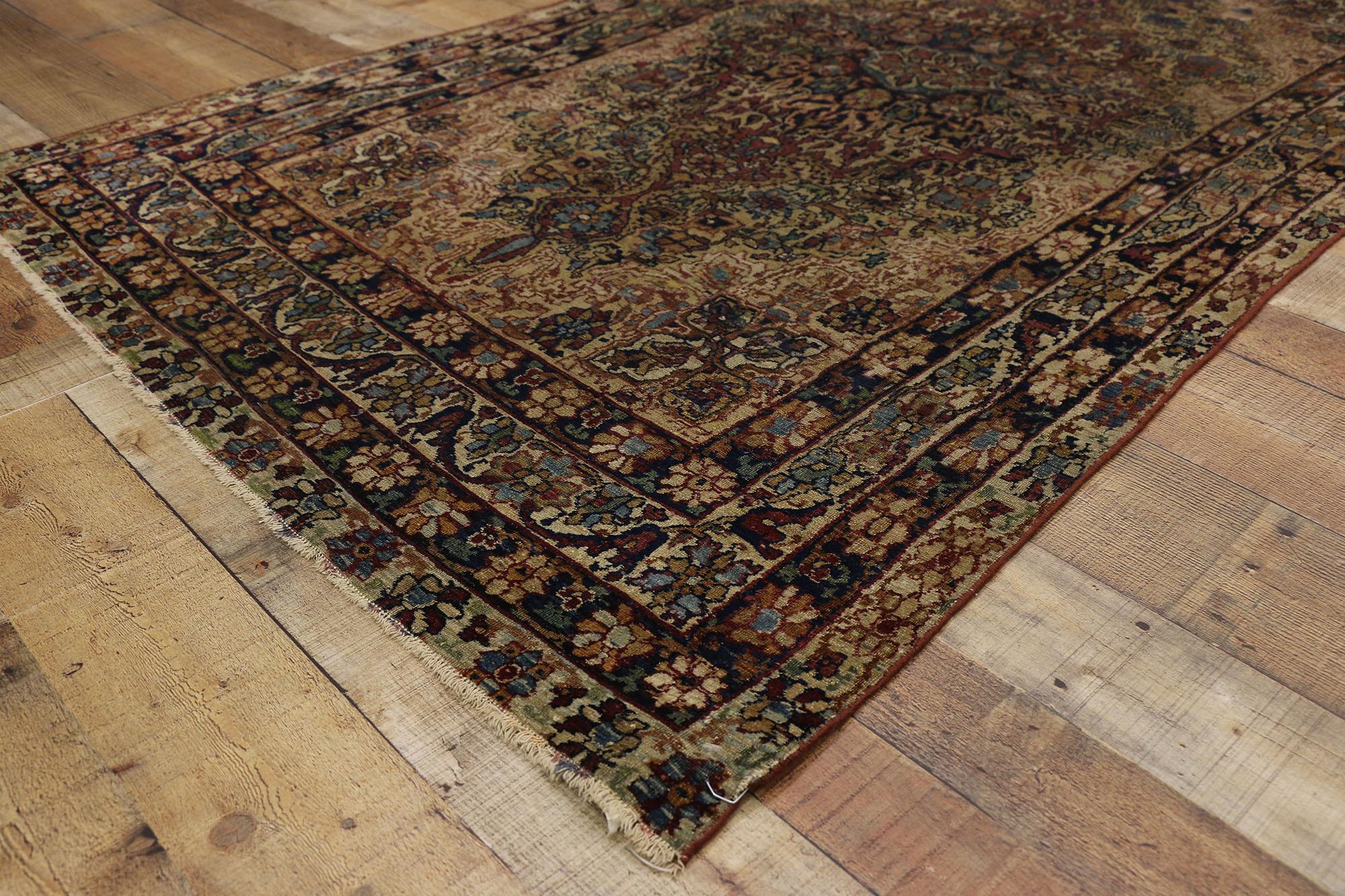 Distressed Antique Persian Kerman Rug with Industrial Speakeasy Style In Distressed Condition For Sale In Dallas, TX