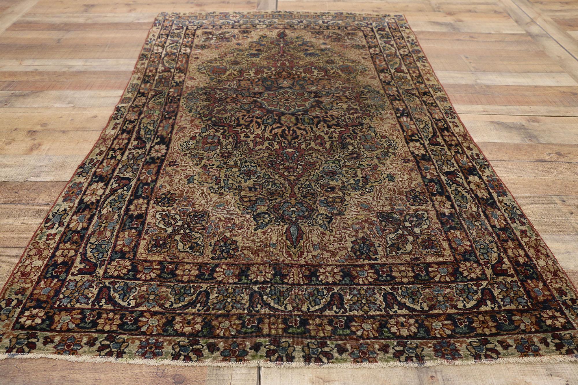 19th Century Distressed Antique Persian Kerman Rug with Industrial Speakeasy Style For Sale