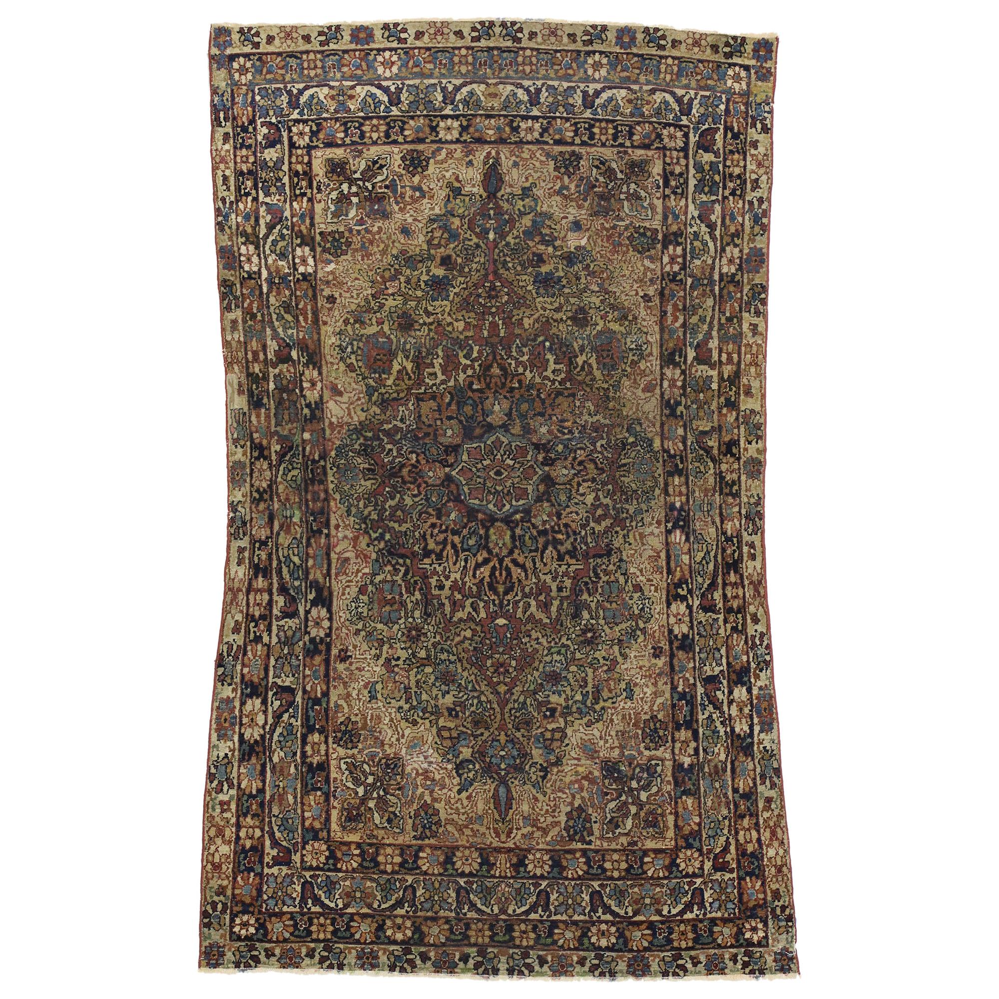 Distressed Antique Persian Kerman Rug with Industrial Speakeasy Style For Sale