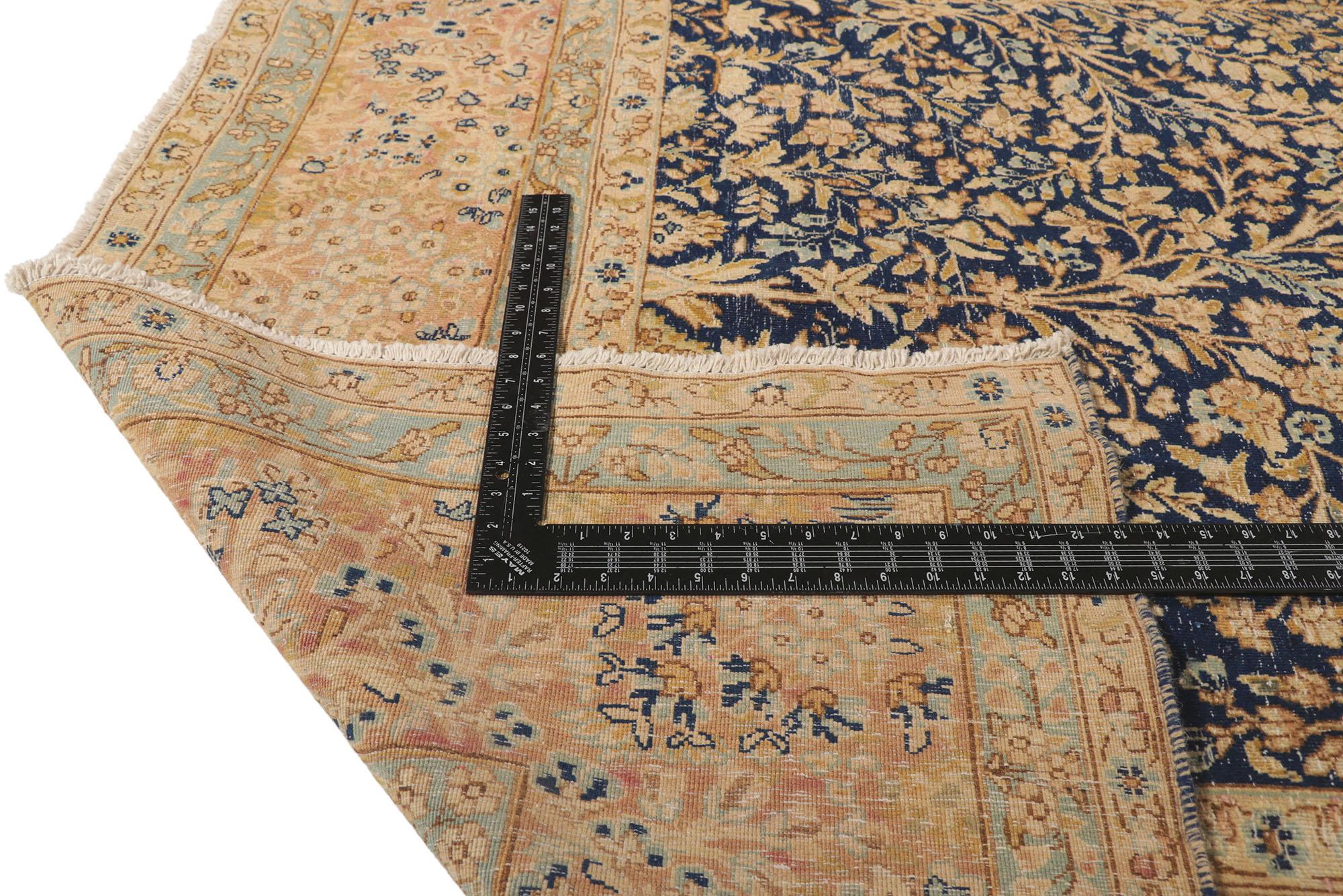 Distressed Antique Persian Kerman Rug with Millefleur Design In Distressed Condition For Sale In Dallas, TX