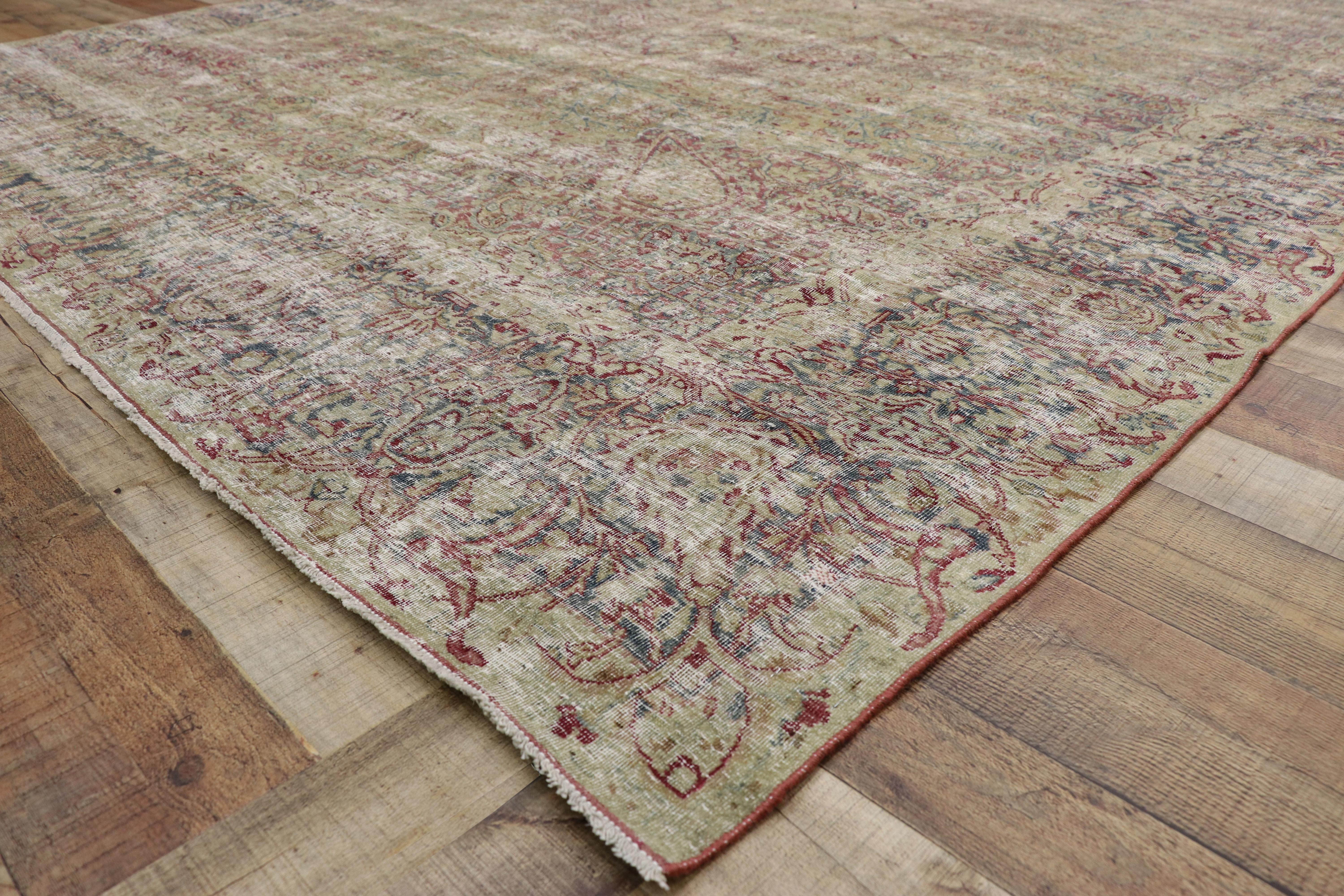 Distressed Antique Persian Kerman Rug with Modern Rustic English Cottage Style For Sale 3