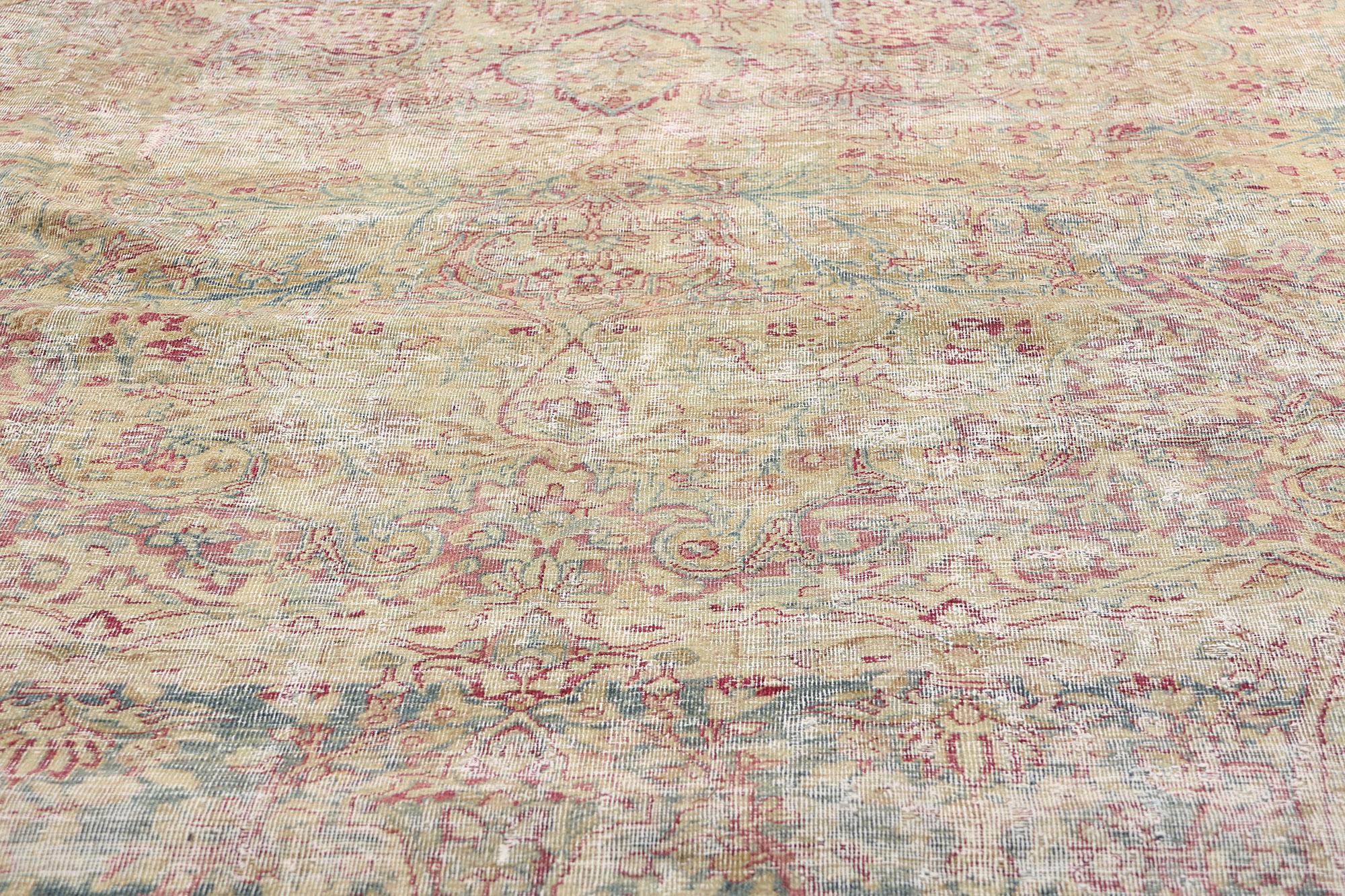 Late 19th Century Distressed Persian Kerman Rug with Traditional Style In Distressed Condition For Sale In Dallas, TX
