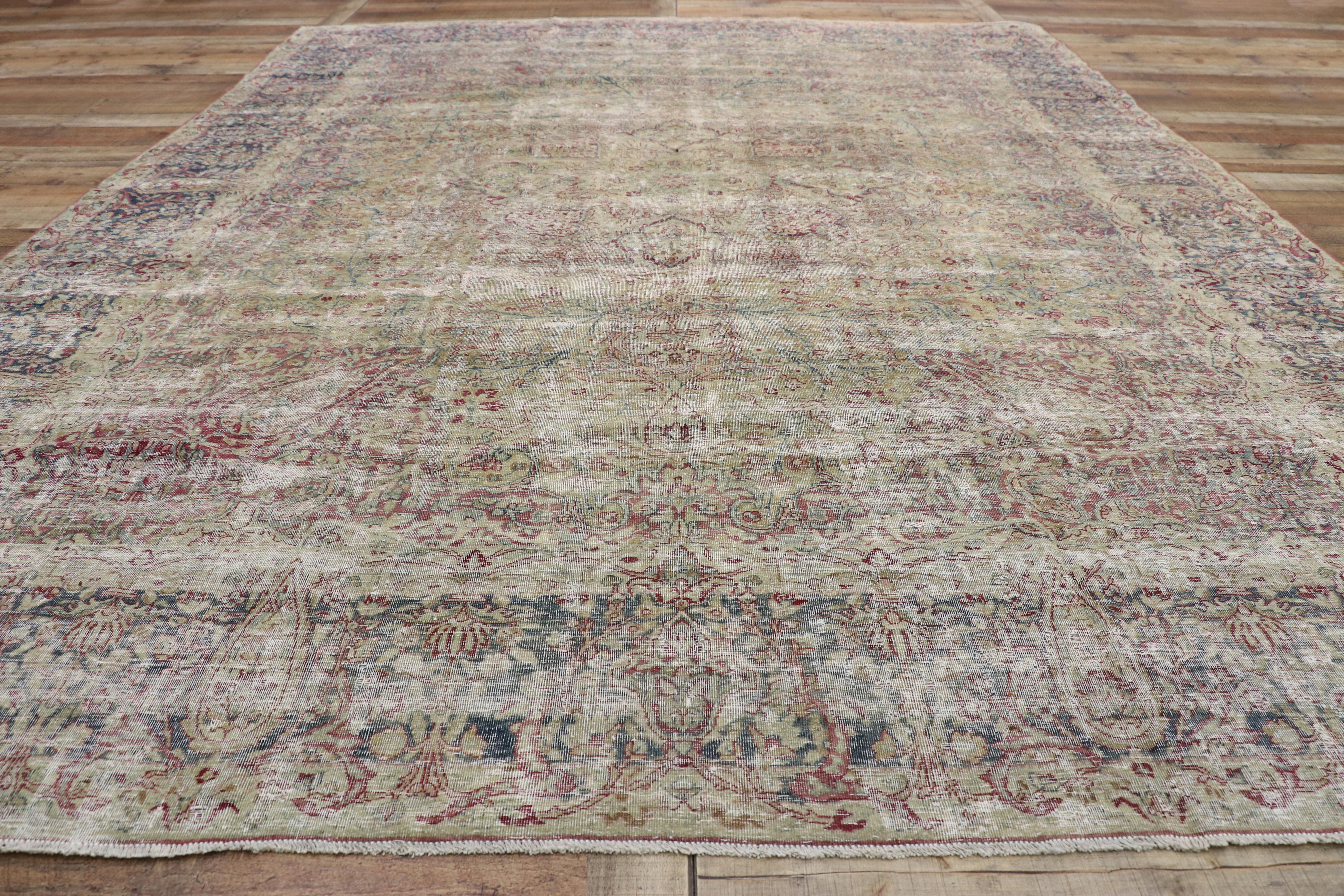 Distressed Antique Persian Kerman Rug with Modern Rustic English Cottage Style For Sale 4
