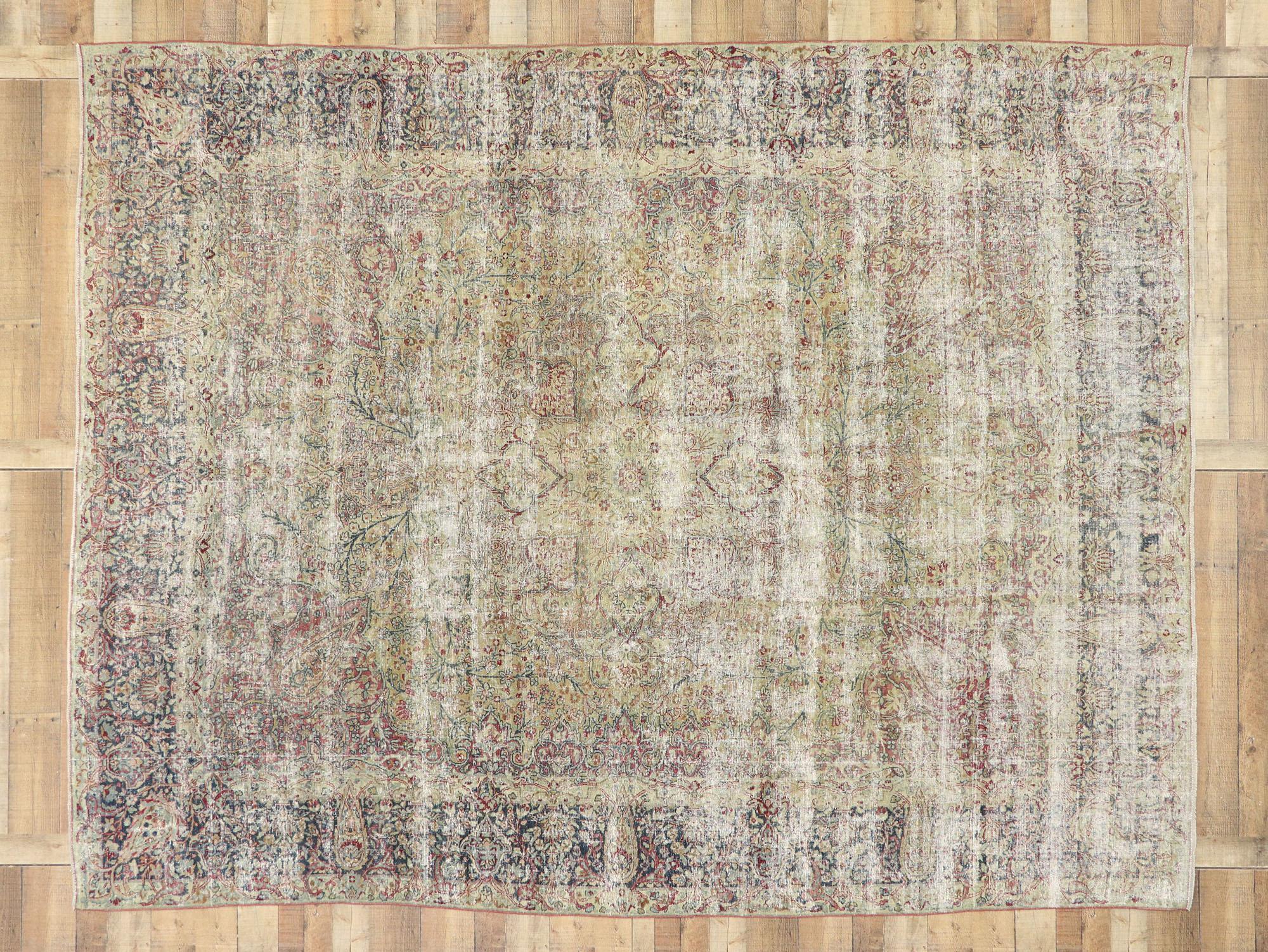 Distressed Antique Persian Kerman Rug with Modern Rustic English Cottage Style For Sale 5