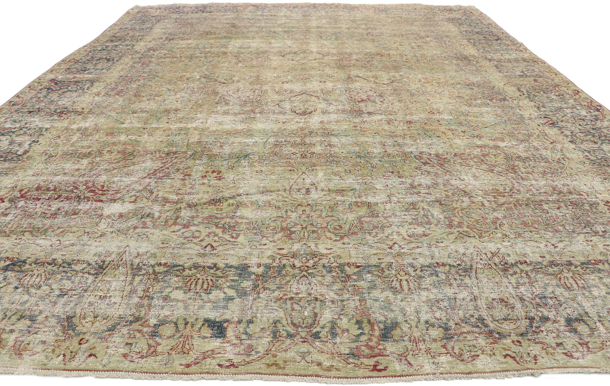 Kirman Distressed Antique Persian Kerman Rug with Modern Rustic English Cottage Style For Sale