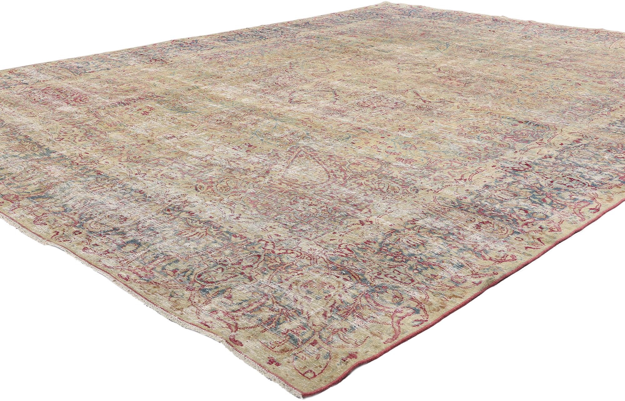 51525 Distressed Antique Persian Kerman Rug, 08'10 x 11'03. Woven in the magnificent weaving centers of Kerman, this hand-knotted wool Late 19th Century antique Persian rug is a poetic expression of Persian artistry. A delicate antique wash has
