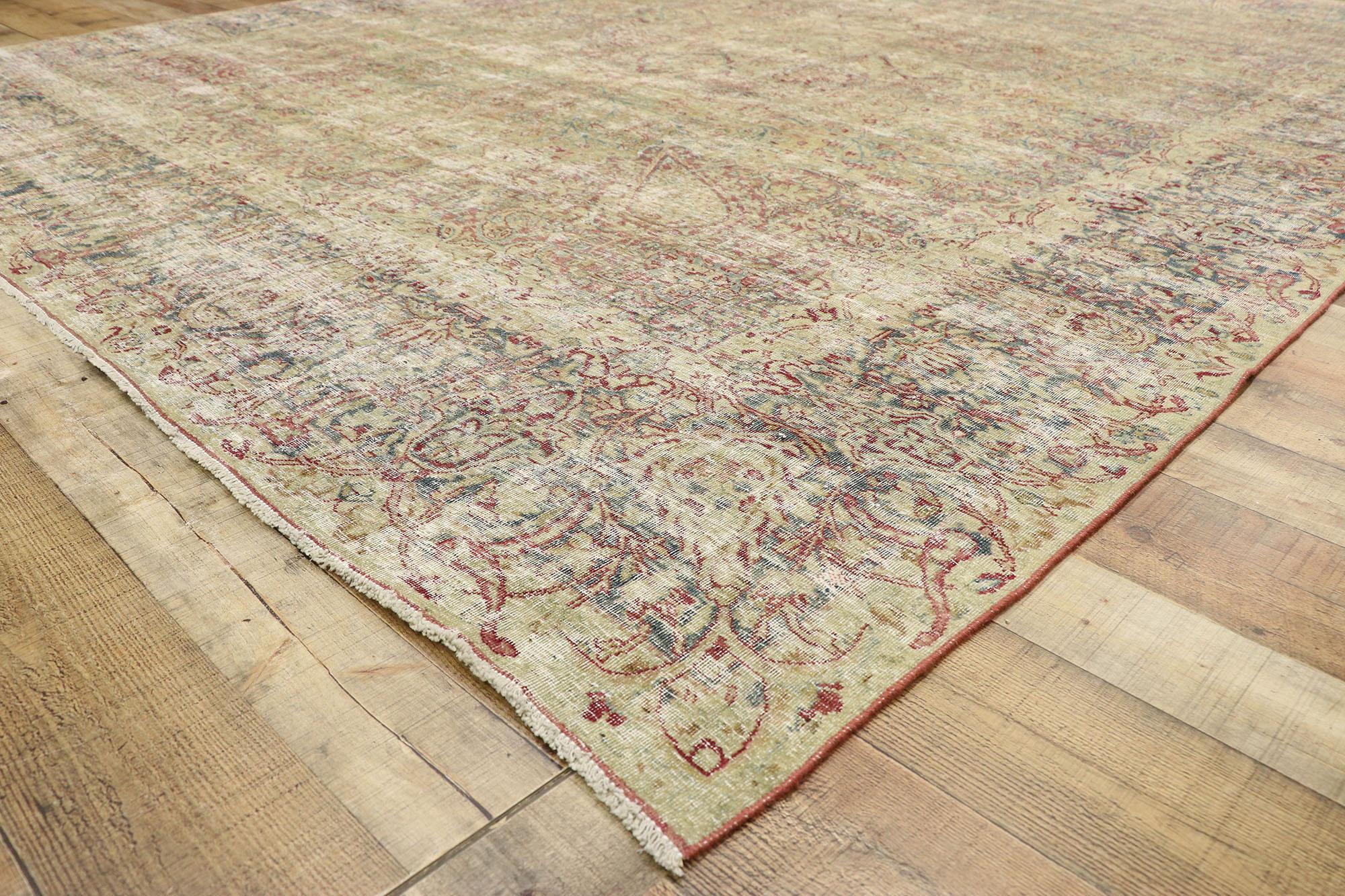 19th Century Distressed Antique Persian Kerman Rug with Modern Rustic English Cottage Style For Sale