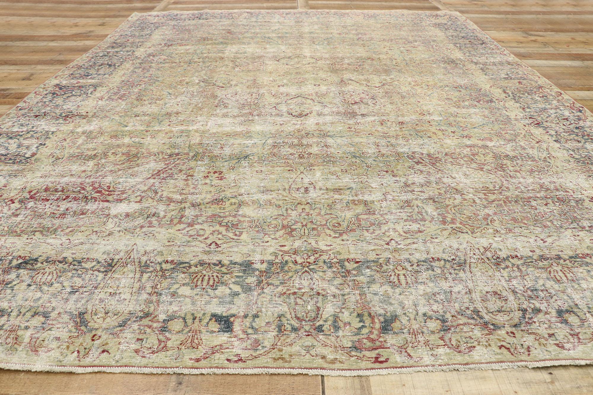 Wool Distressed Antique Persian Kerman Rug with Modern Rustic English Cottage Style For Sale