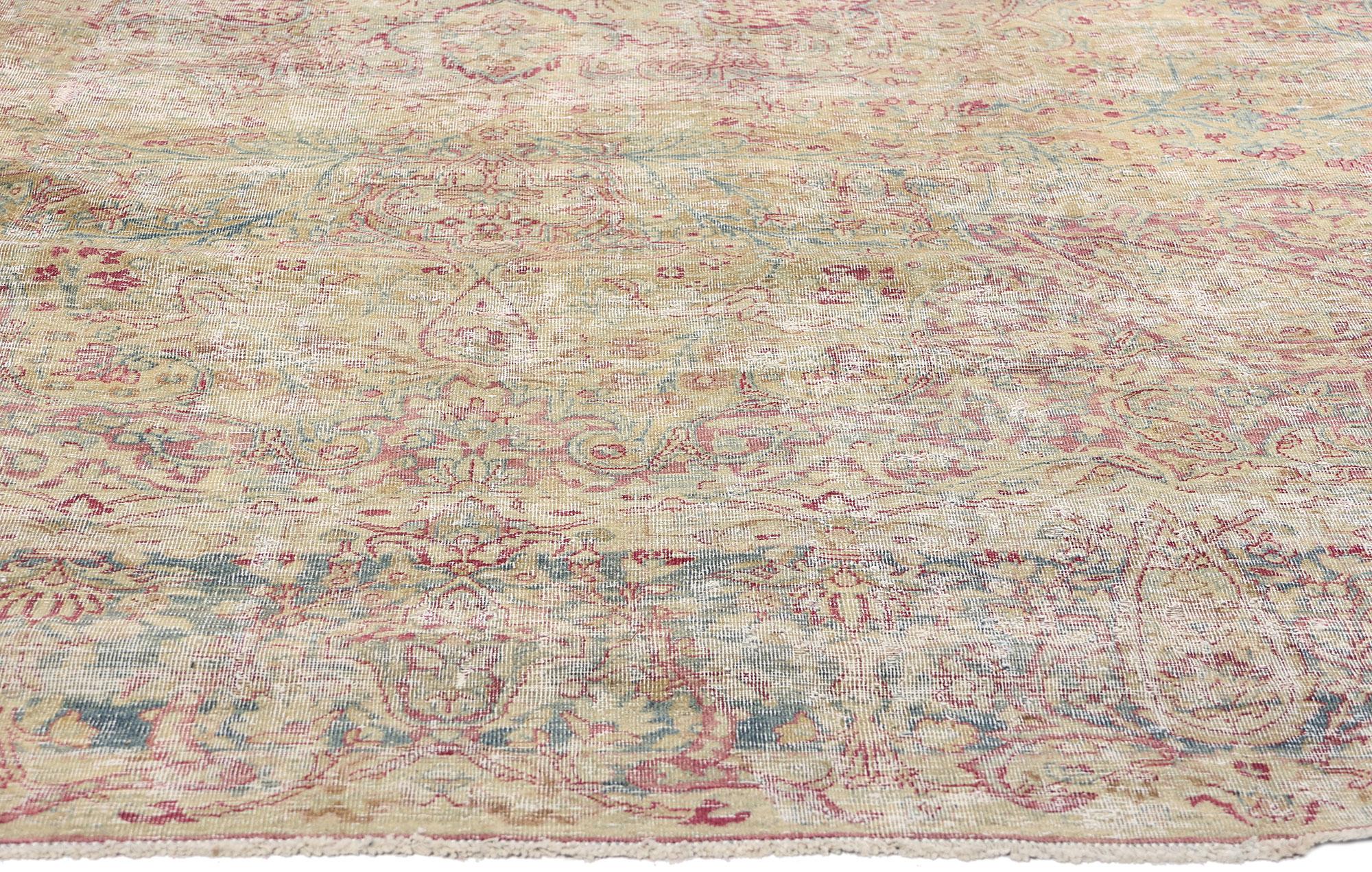 Hand-Knotted Late 19th Century Distressed Persian Kerman Rug with Traditional Style For Sale