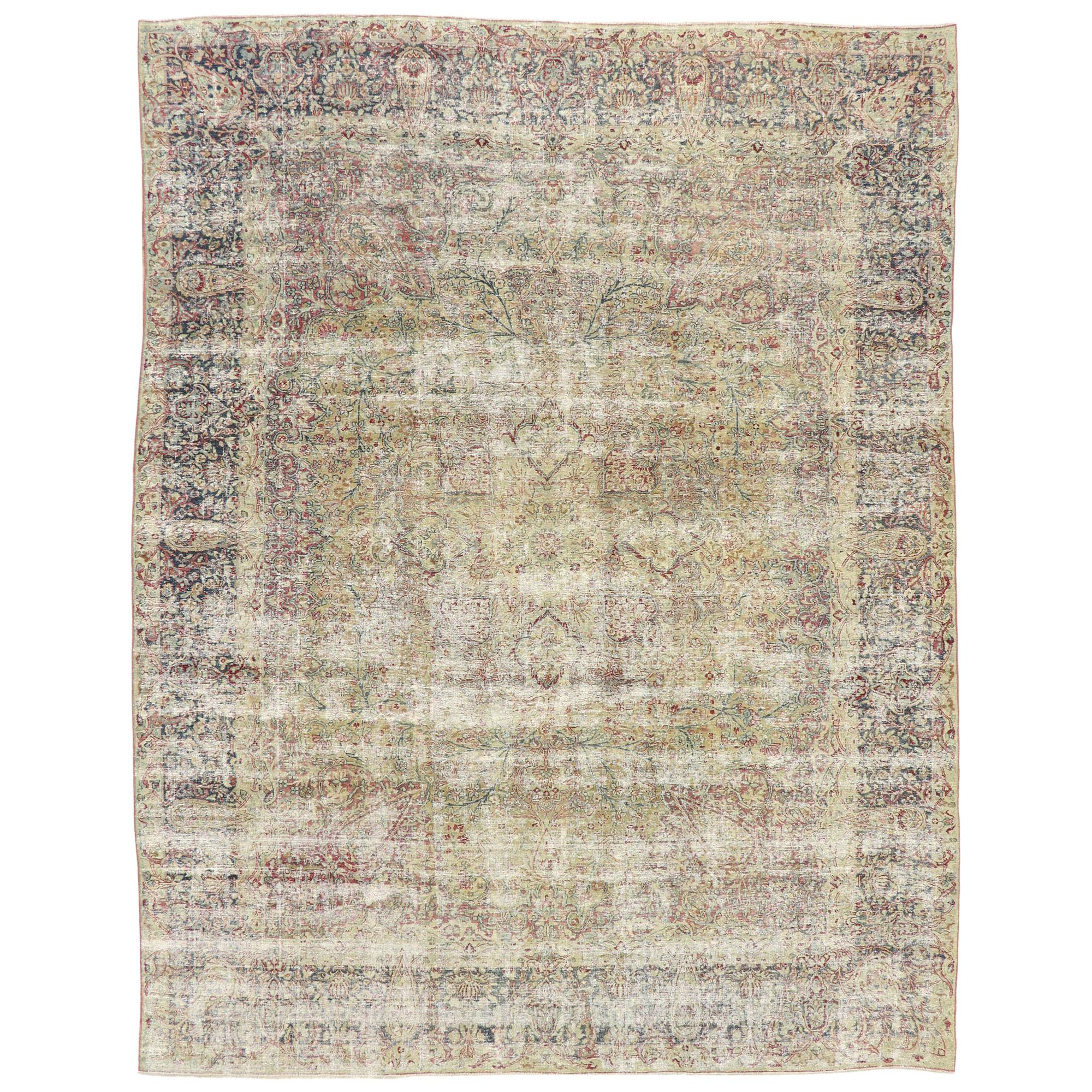 Distressed Antique Persian Kerman Rug with Modern Rustic English Cottage Style For Sale